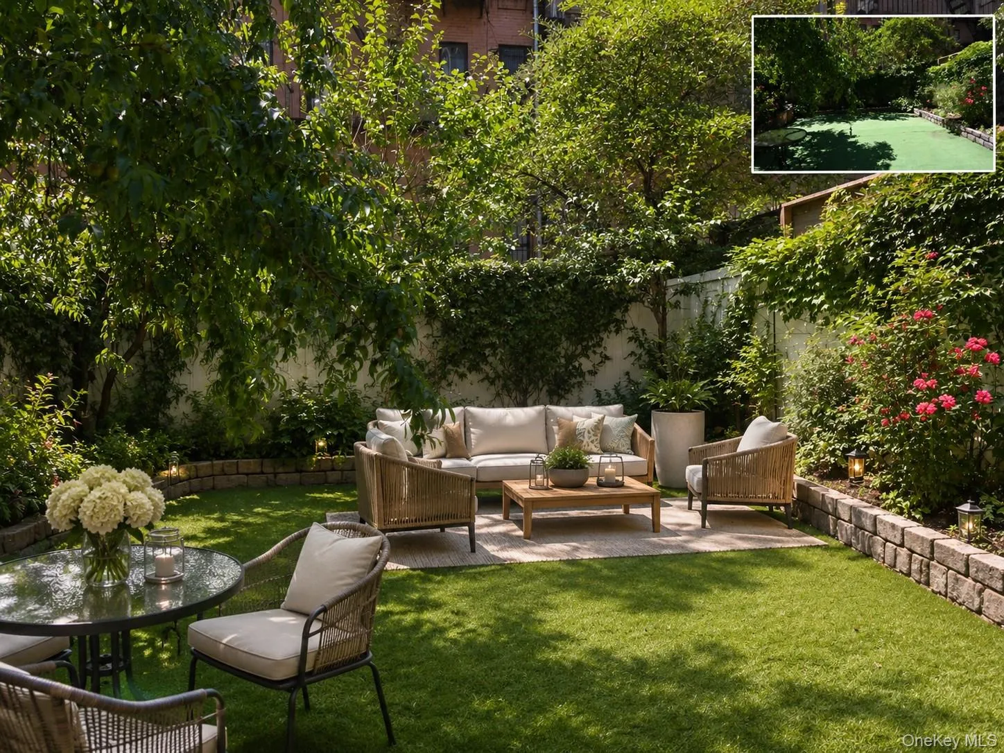 Expansive backyard featuring a lush lawn, a paved patio area, and mature perimeter trees, (virtually staged) Expansive backyard featuring a lush lawn, a paved patio area, and mature perimeter trees, (virtually staged)