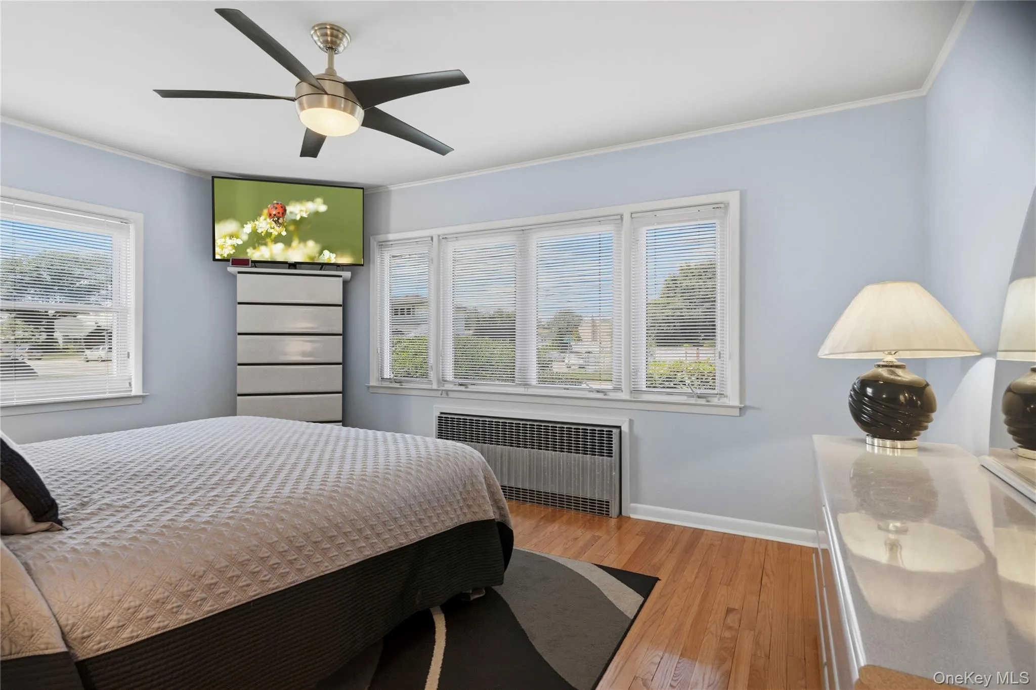Bedroom featuring wood-finish flooring, a contemporary ceiling fan, and multiple windows with blinds Bedroom featuring wood-finish flooring, a contemporary ceiling fan, and multiple windows with blinds