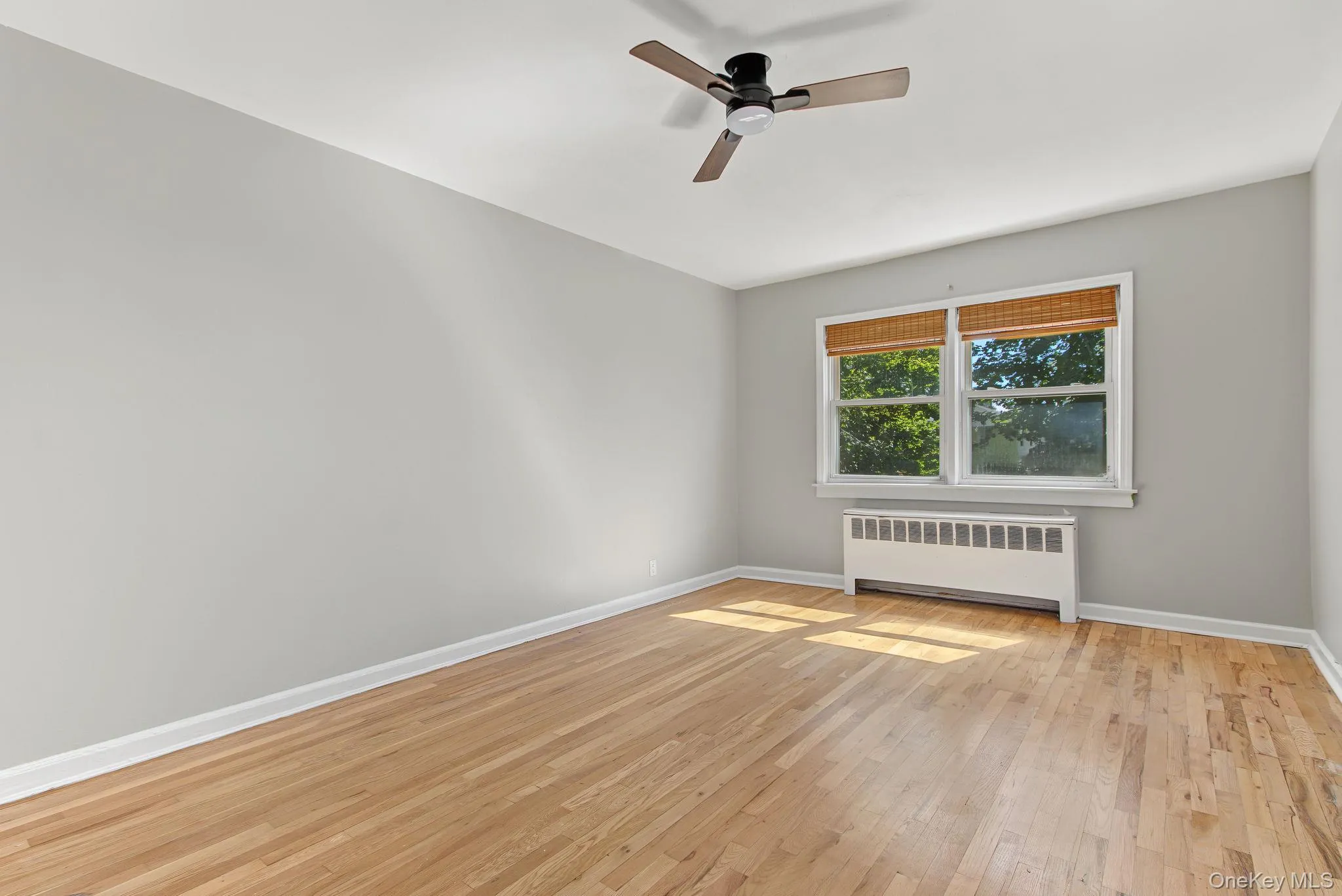 Hardwood flooring, painted walls, ceiling fan with light fixture, window with blinds, and white radiator unit Hardwood flooring, painted walls, ceiling fan with light fixture, window with blinds, and white radiator unit