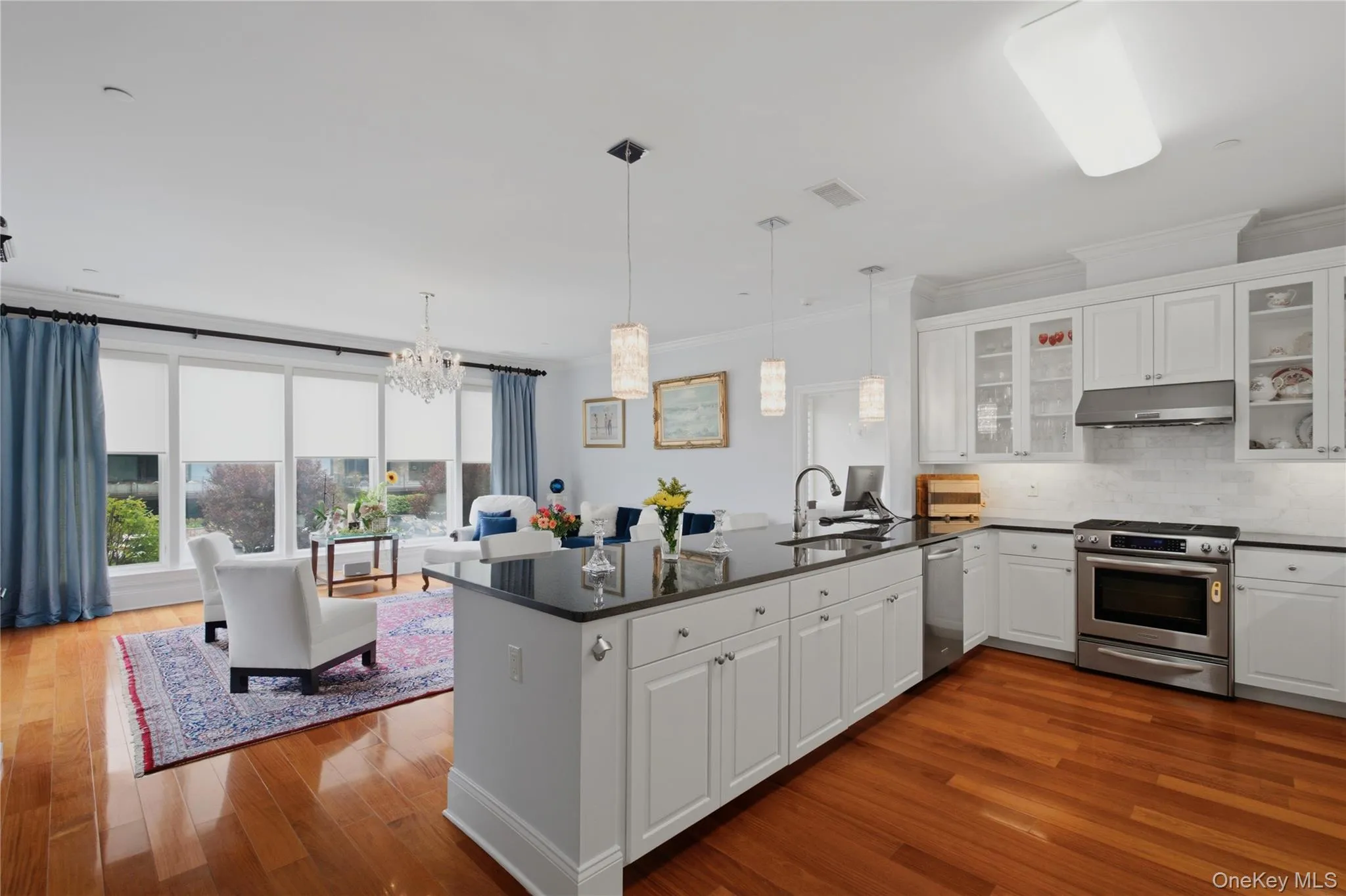 Spacious granite breakfast bar overlooks the living room and large sun-filled windows. Spacious granite breakfast bar overlooks the living room and large sun-filled windows.