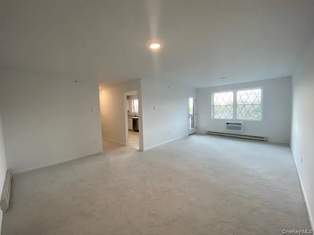 Unfurnished room with light colored carpet, a wall unit AC, and baseboard heating Unfurnished room with light colored carpet, a wall unit AC, and baseboard heating