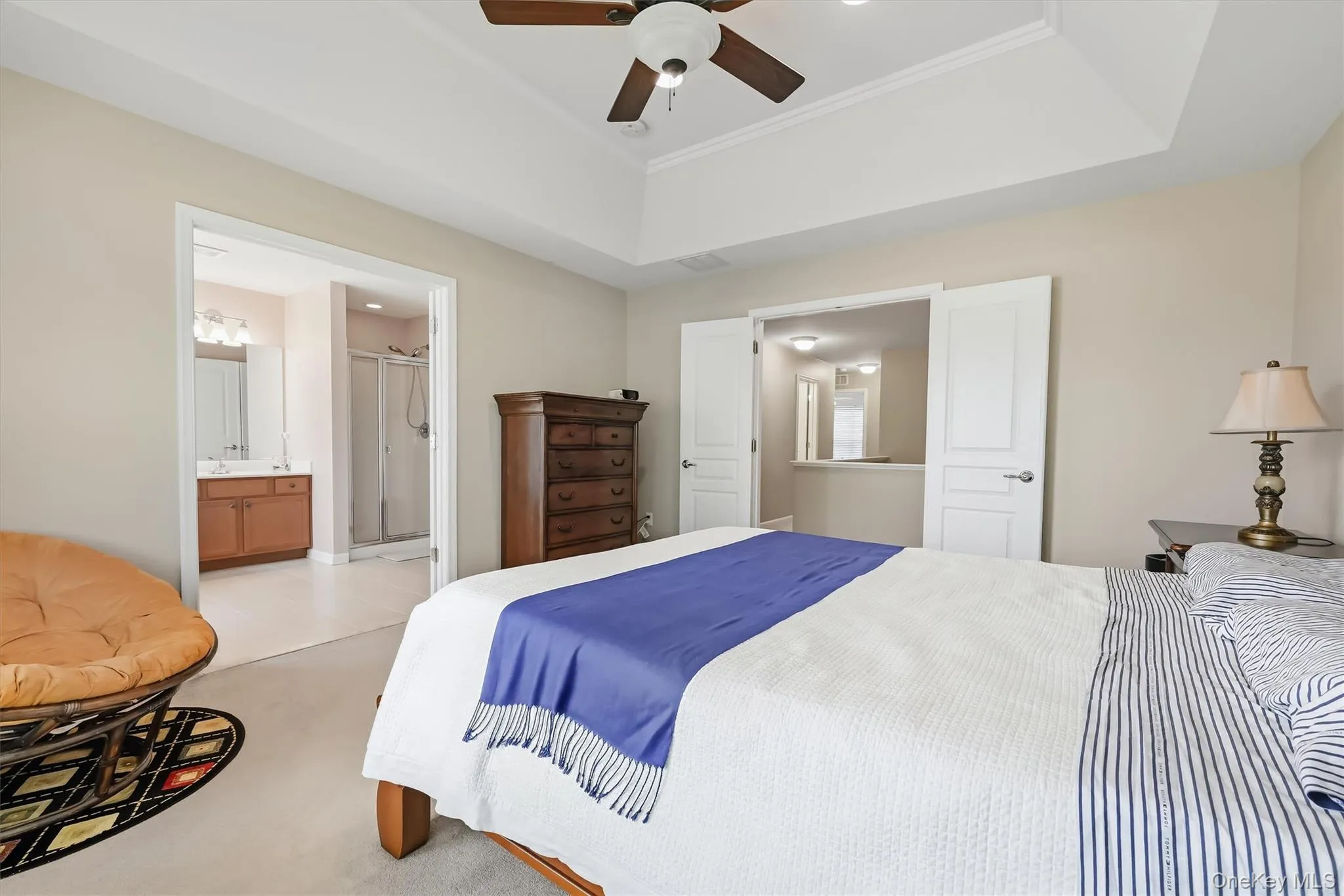 Double entry doors open the primary suite with it's tray ceiling and walk in closet. Double entry doors open the primary suite with it's tray ceiling and walk in closet.