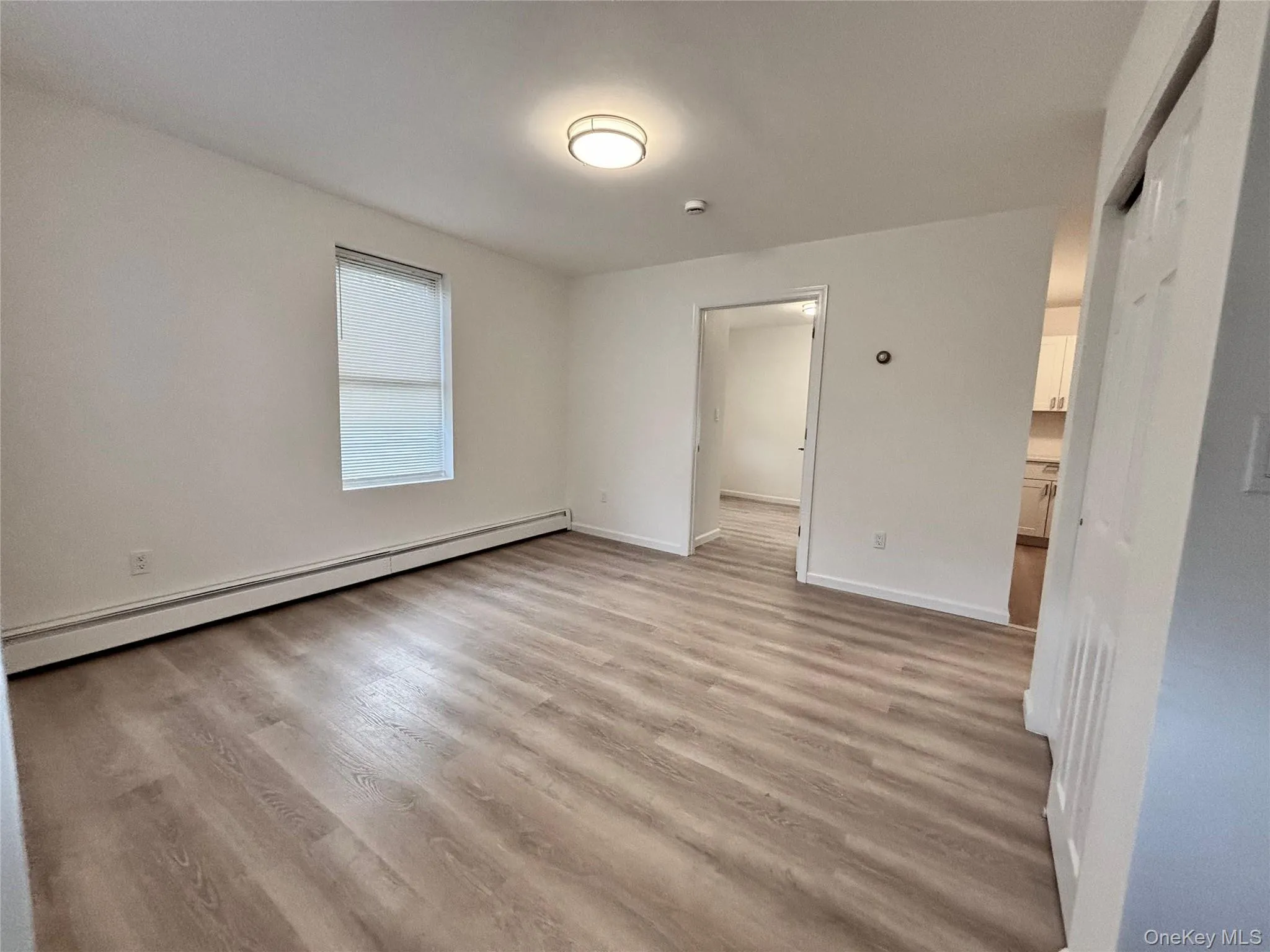 Empty room featuring a baseboard heating unit, light wood finished floors, baseboards, and a smoke detector Empty room featuring a baseboard heating unit, light wood finished floors, baseboards, and a smoke detector