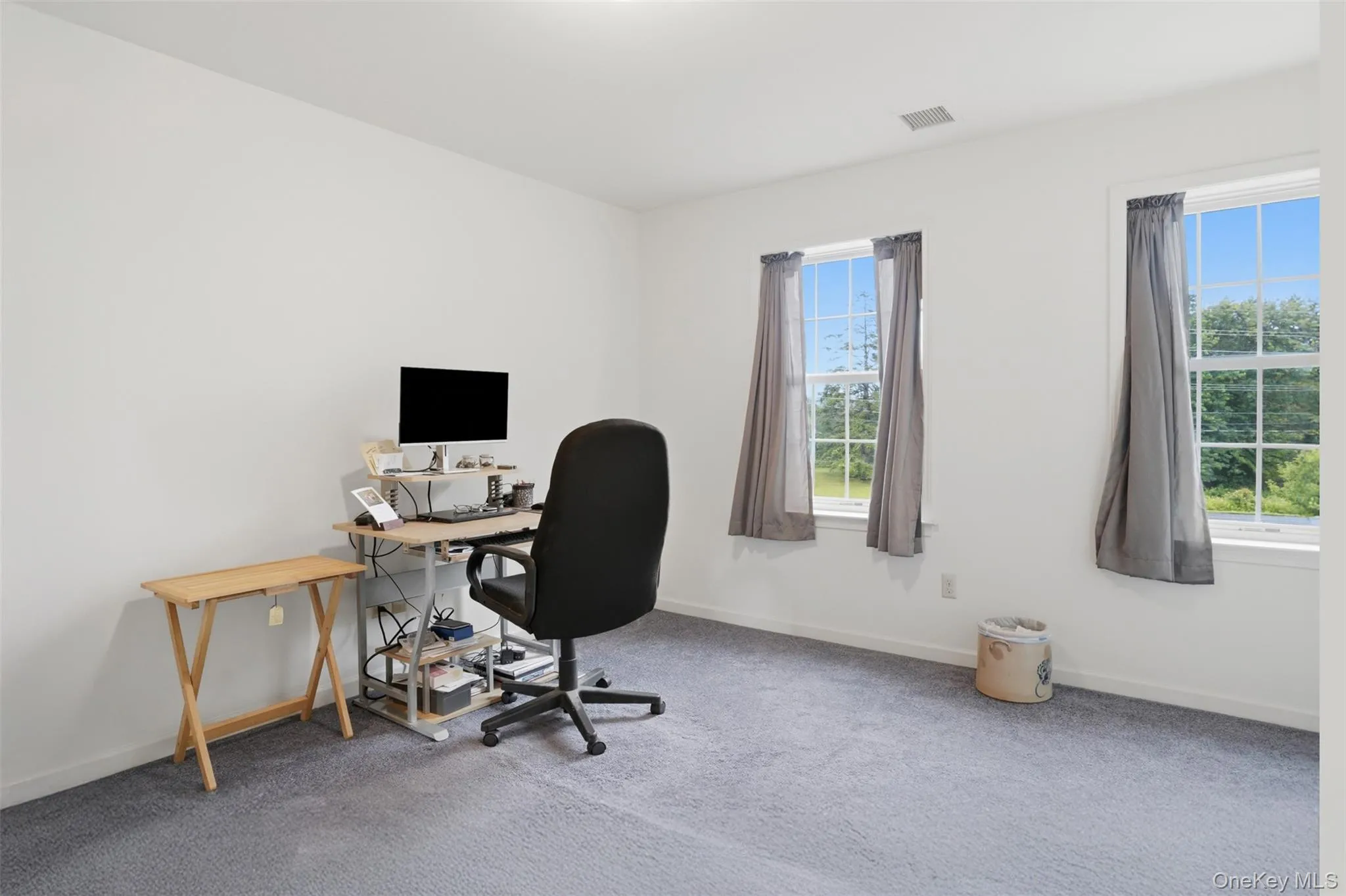 Room featuring two sash windows with natural light, neutral wall paint, and gray carpeting Room featuring two sash windows with natural light, neutral wall paint, and gray carpeting
