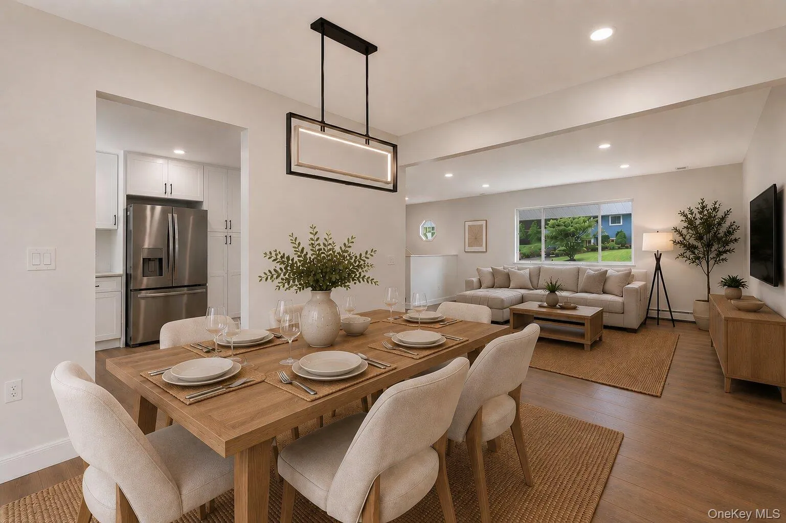 Virtually staged dining area: Astylish dining area designed foreveryday meals or specialgatherings, offering an easyflow between the kitchen andmain living spaces. Virtually staged dining area: Astylish dining area designed foreveryday meals or specialgatherings, offering an easyflow between the kitchen andmain living spaces.