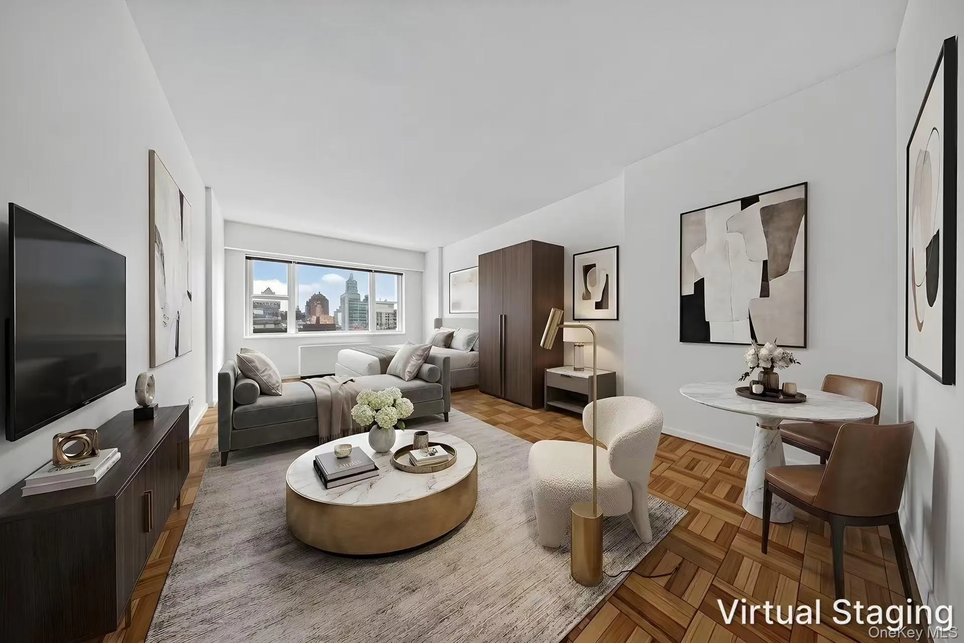 Expansive living space featuring wood-finish parquet flooring, a wide window with cityscape scenery, a built-in wall air conditioning unit, and a dining area with a round marble-look table Expansive living space featuring wood-finish parquet flooring, a wide window with cityscape scenery, a built-in wall air conditioning unit, and a dining area with a round marble-look table