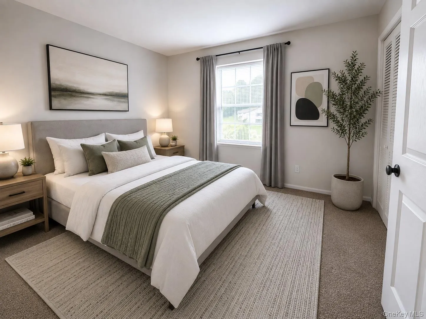 Carpeted bedroom featuring a window with drapes, a closet with a louvered bifold door, and light-toned walls Carpeted bedroom featuring a window with drapes, a closet with a louvered bifold door, and light-toned walls