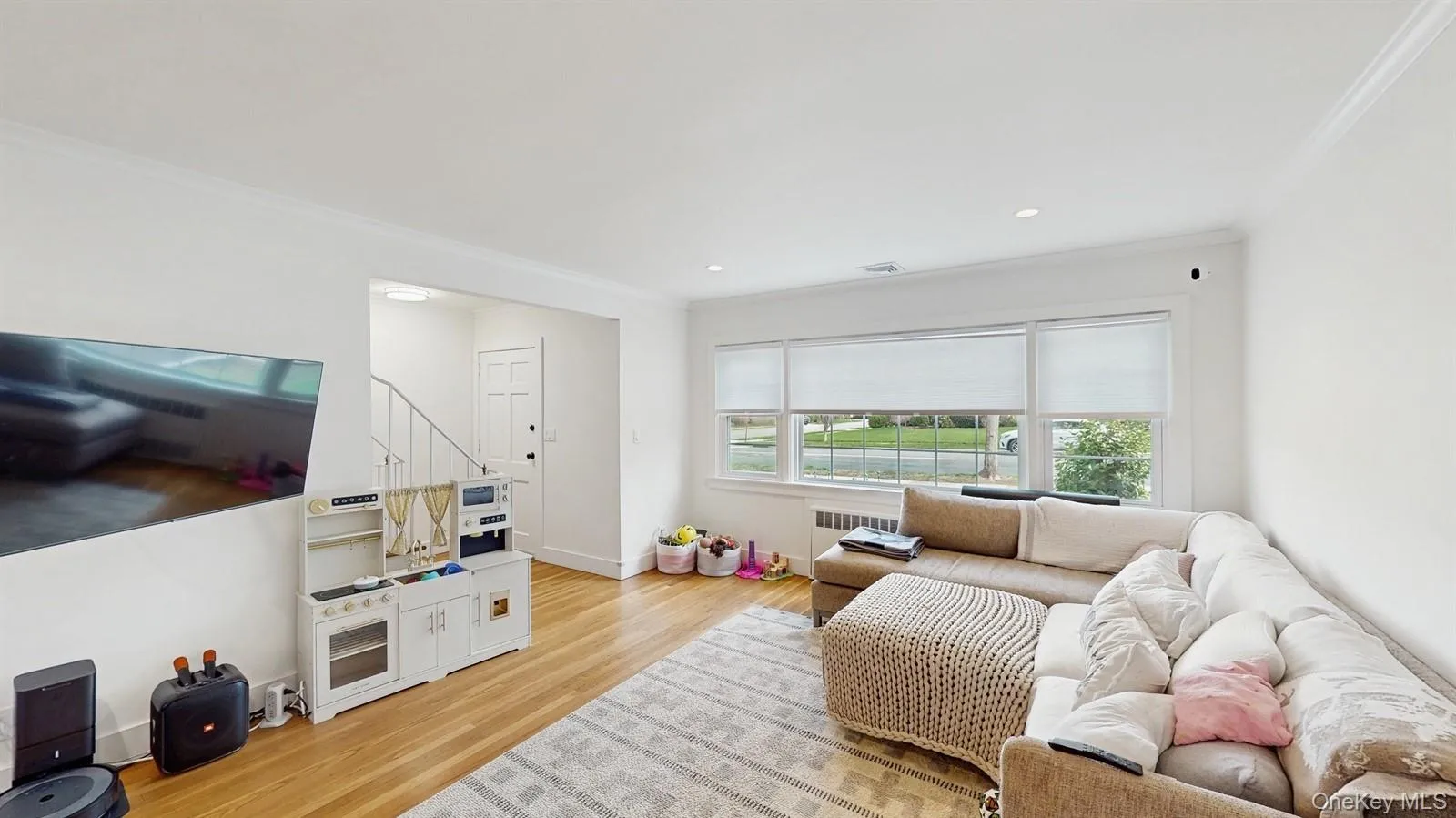 Living room featuring baseboards, ornamental molding, light wood-style floors, recessed lighting, and radiator Living room featuring baseboards, ornamental molding, light wood-style floors, recessed lighting, and radiator