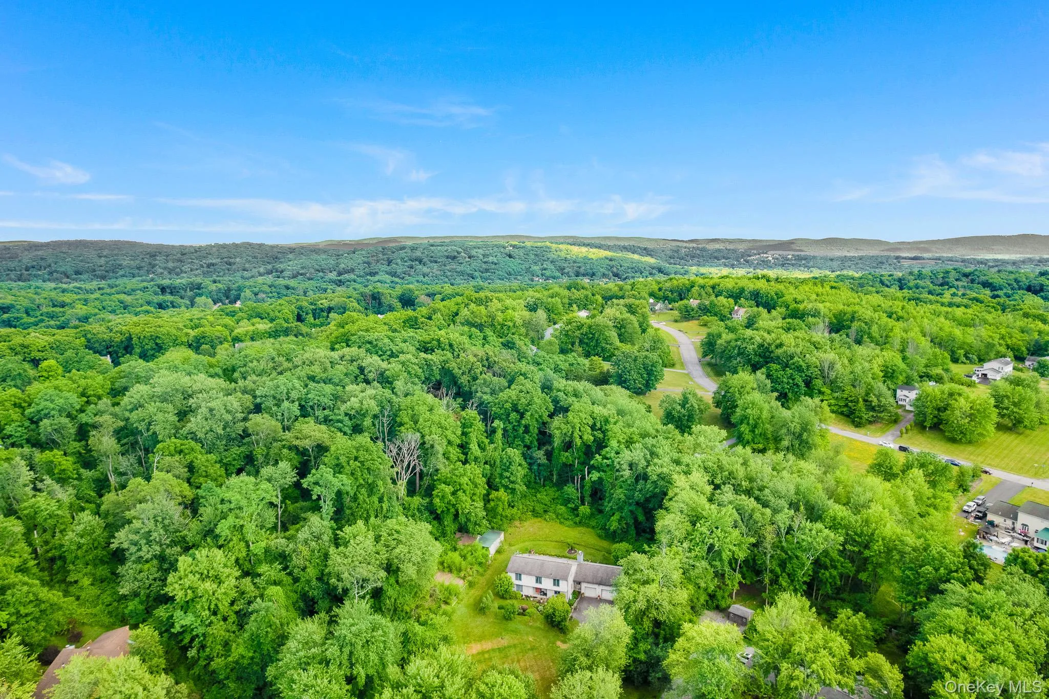 Expansive wooded acreage with a two-story residence featuring a gray roof and light-colored siding Expansive wooded acreage with a two-story residence featuring a gray roof and light-colored siding