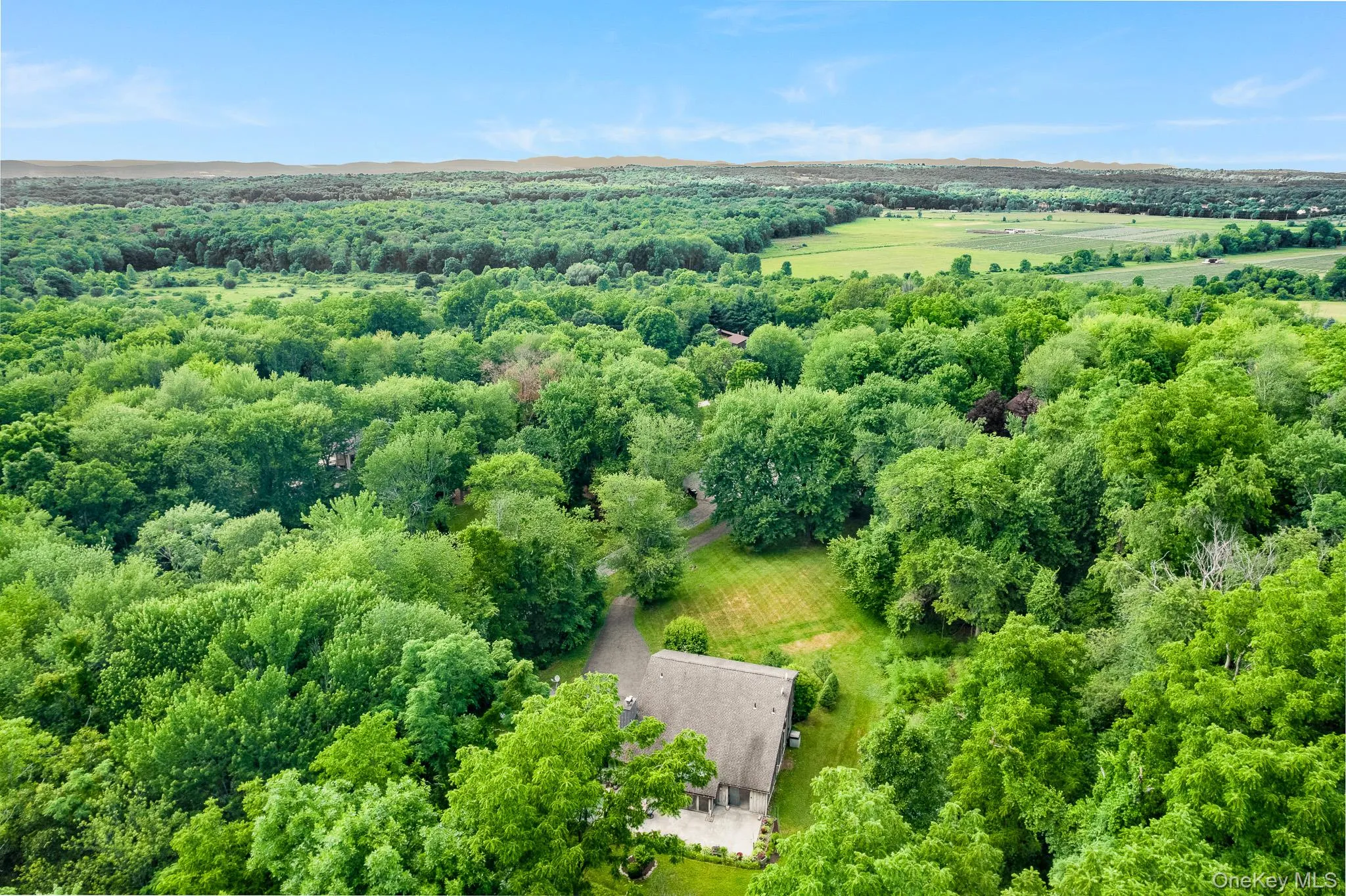 Spacious property enveloped by mature trees, featuring a private driveway, expansive lawn area, and a home with a prominent gabled roofline and outdoor patio space Spacious property enveloped by mature trees, featuring a private driveway, expansive lawn area, and a home with a prominent gabled roofline and outdoor patio space