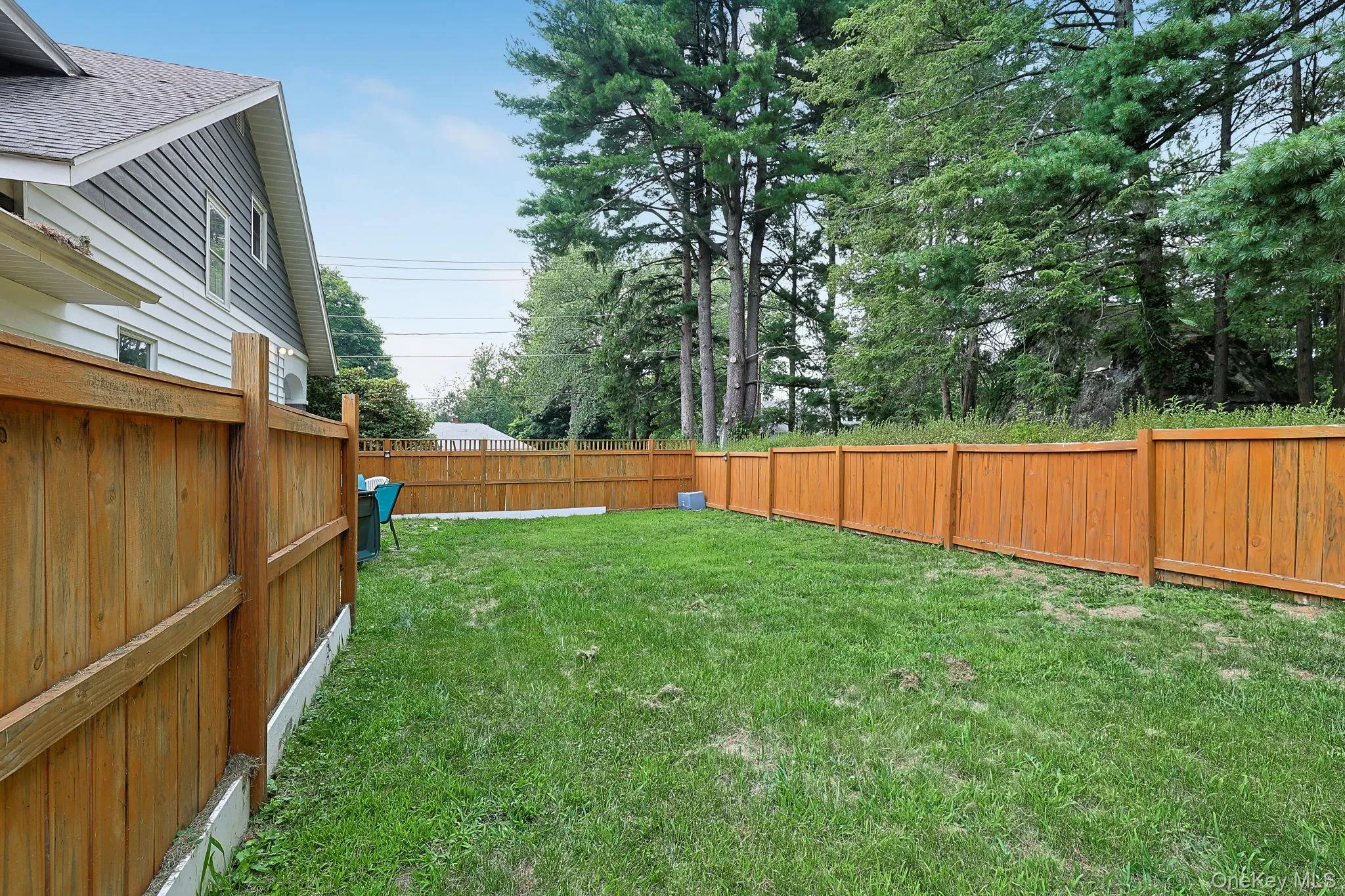 Fenced in side yard from side entrance of house. Fenced in side yard from side entrance of house.