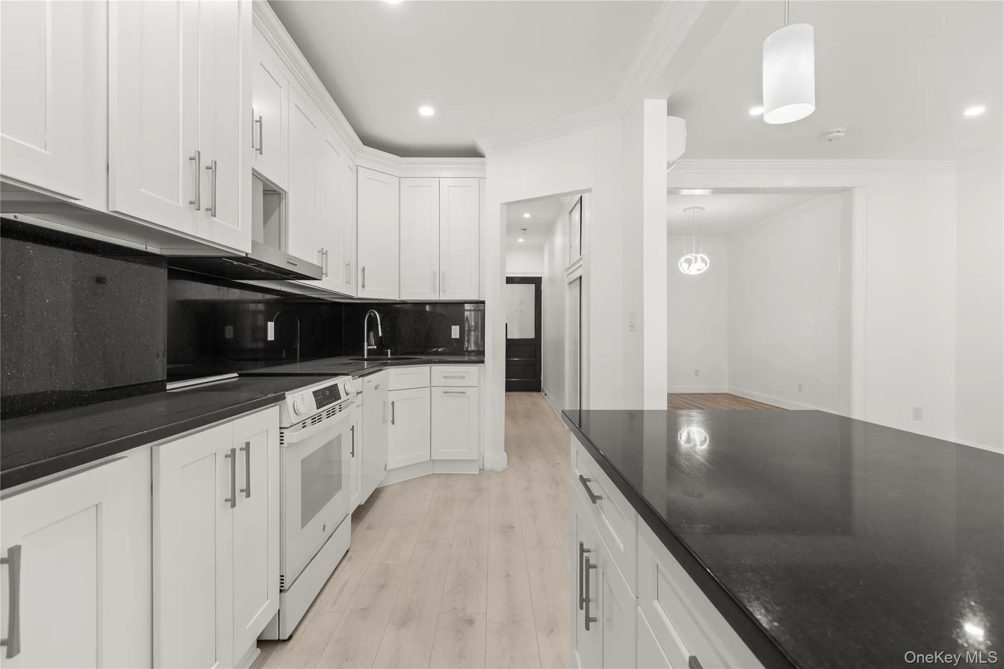 Kitchen featuring white cabinetry, dark stone countertops, stainless steel appliances, recessed lighting, and wood-finish flooring Kitchen featuring white cabinetry, dark stone countertops, stainless steel appliances, recessed lighting, and wood-finish flooring