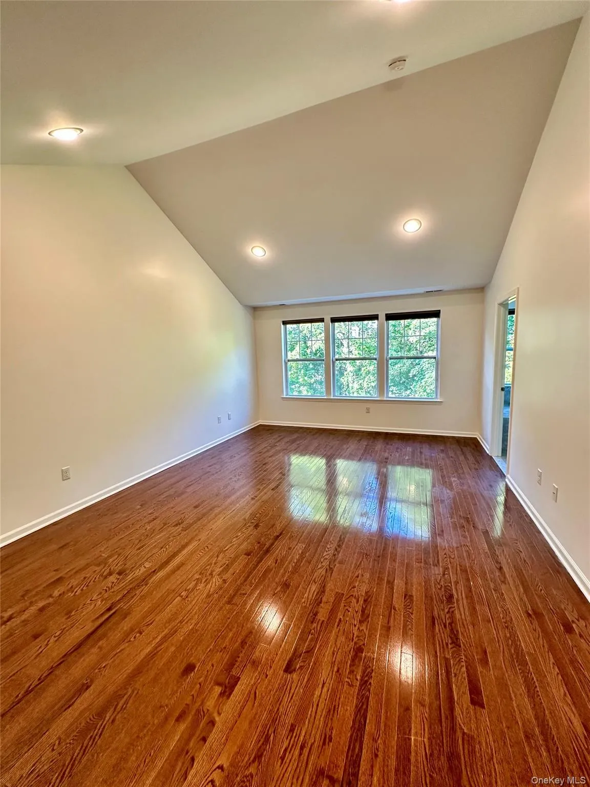 Unfurnished room with lofted ceiling, dark wood-type flooring, a smoke detector, and recessed lighting Unfurnished room with lofted ceiling, dark wood-type flooring, a smoke detector, and recessed lighting