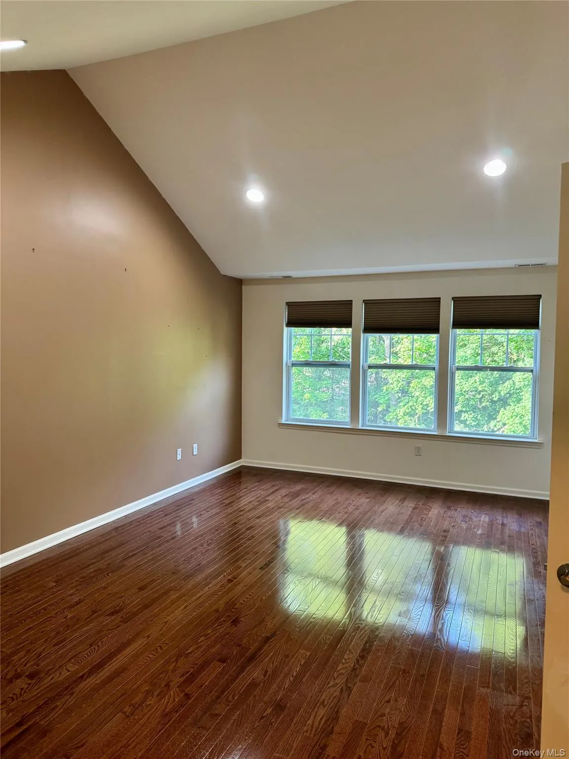 Empty room featuring dark wood-type flooring, lofted ceiling, and recessed lighting Empty room featuring dark wood-type flooring, lofted ceiling, and recessed lighting