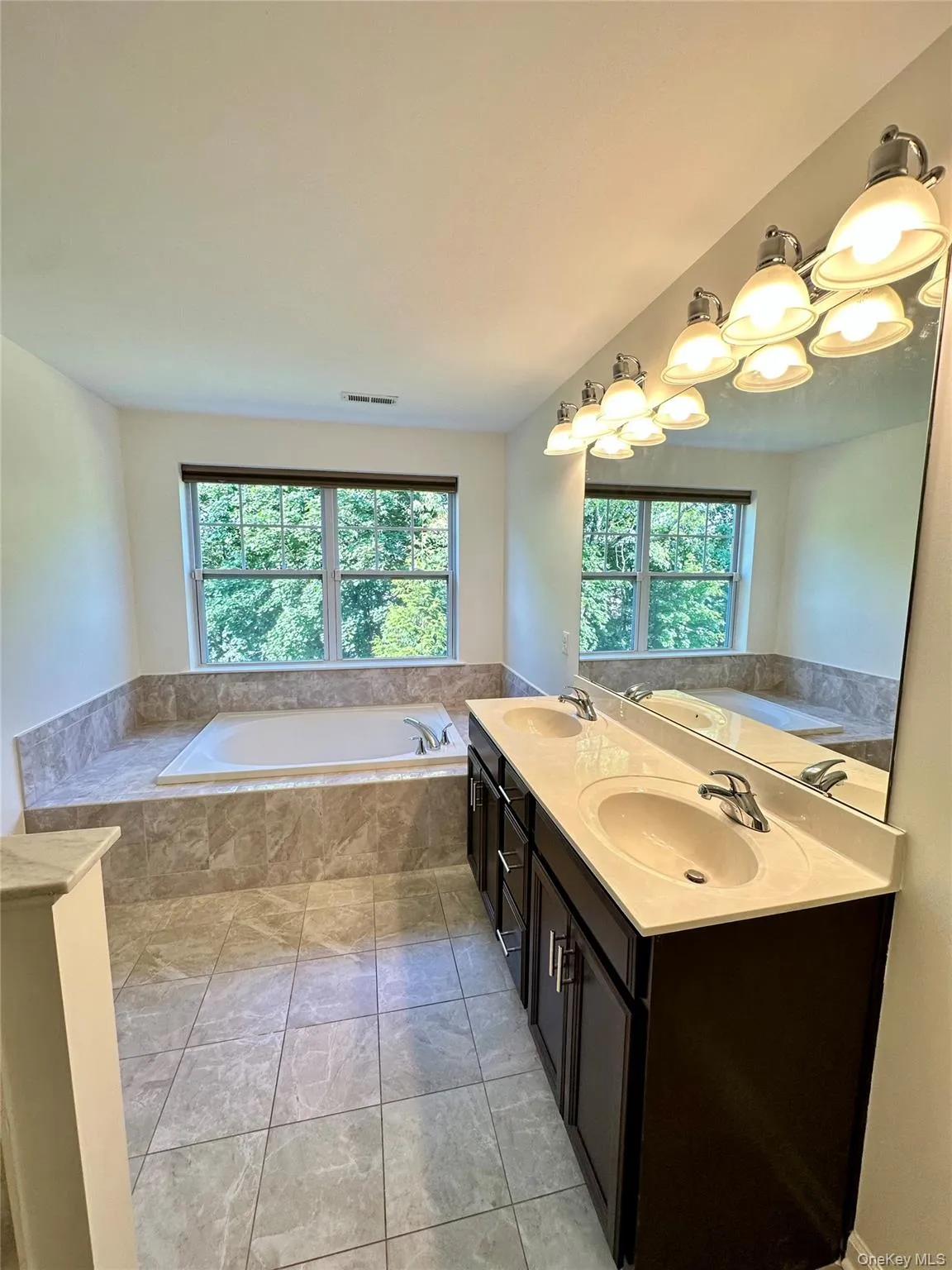 Bathroom with plenty of natural light, a bath, and double vanity Bathroom with plenty of natural light, a bath, and double vanity