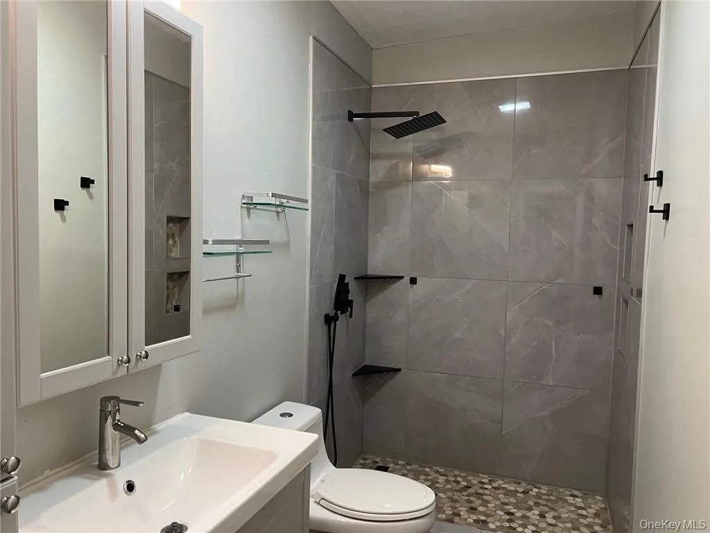 Bathroom with a tile shower, vanity, and toilet Bathroom with a tile shower, vanity, and toilet