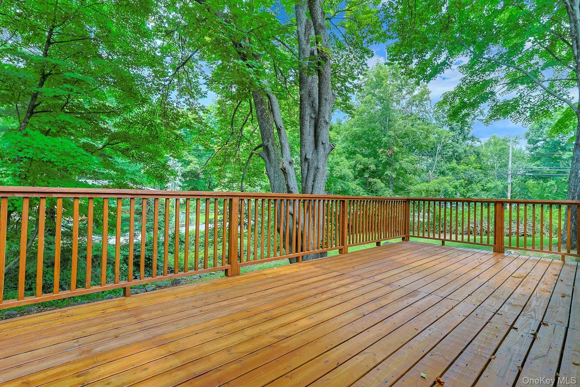 Another view of the deck show casing the mature trees on the property. Another view of the deck show casing the mature trees on the property.