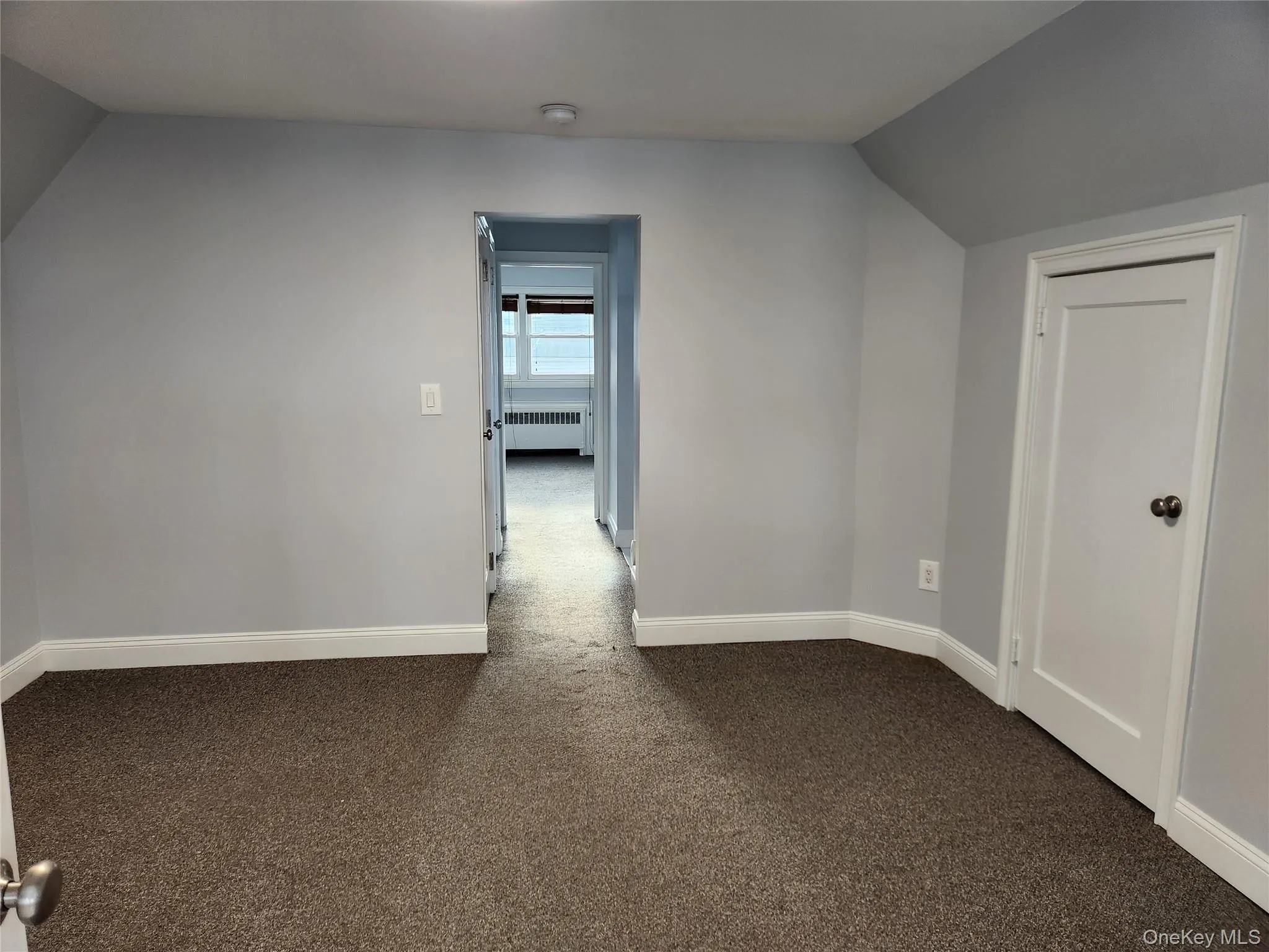 Additional living space featuring radiator, baseboards, vaulted ceiling, and carpet Additional living space featuring radiator, baseboards, vaulted ceiling, and carpet