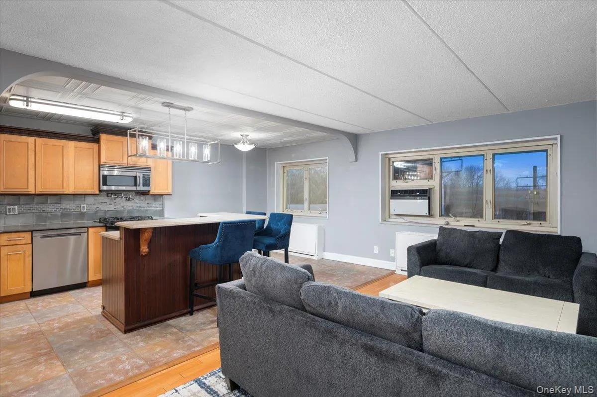 Open-concept living space featuring a kitchen with wood cabinetry, stainless steel appliances, and a tiled backsplash Open-concept living space featuring a kitchen with wood cabinetry, stainless steel appliances, and a tiled backsplash