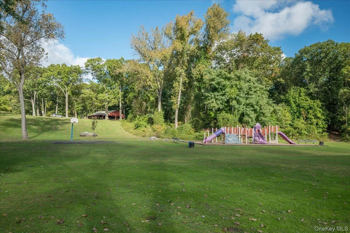 Expansive green space featuring a colorful playground structure, a basketball hoop, and mature trees surrounding a distant red-roofed structure Expansive green space featuring a colorful playground structure, a basketball hoop, and mature trees surrounding a distant red-roofed structure