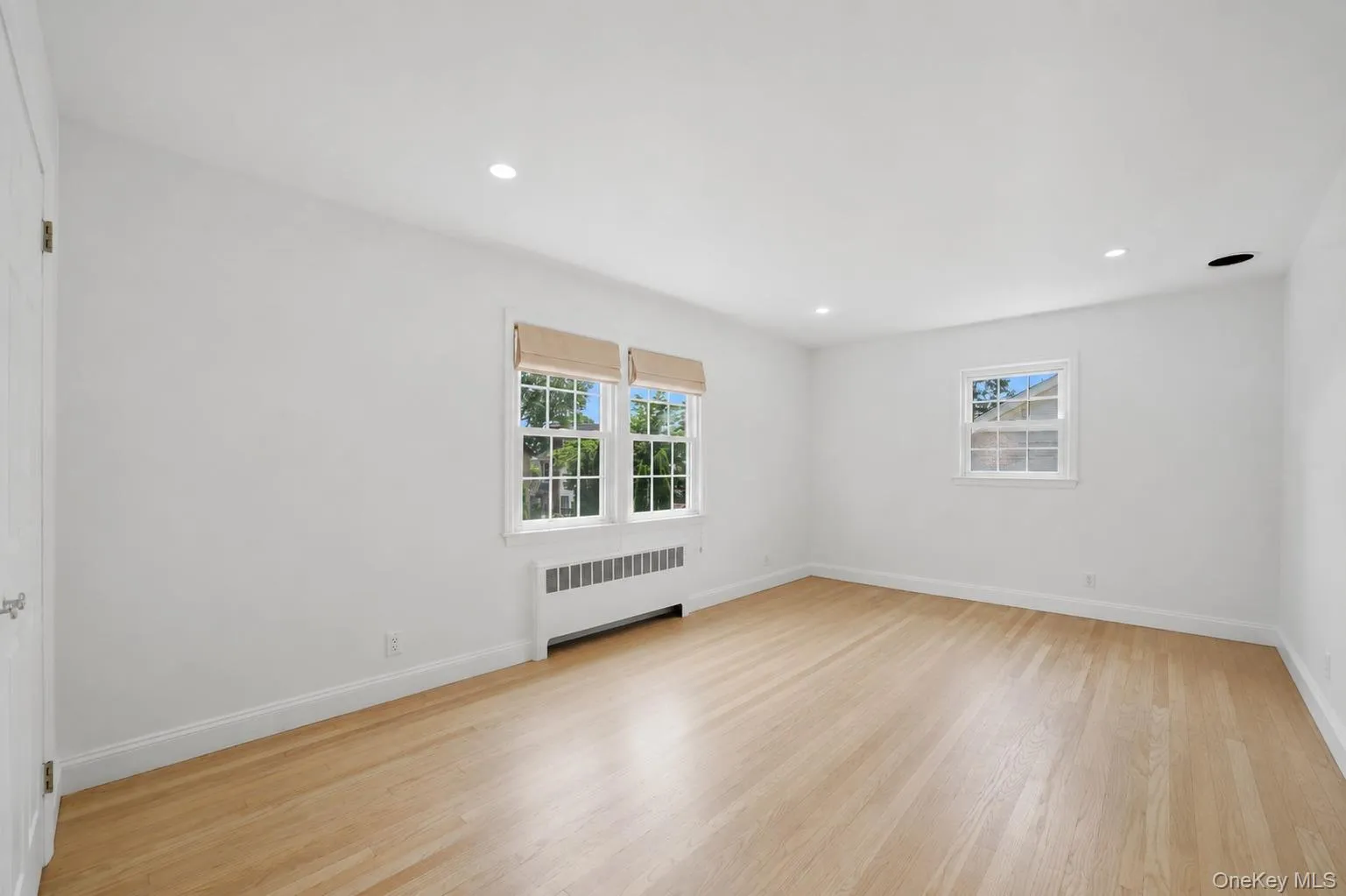 Spacious room with light wood-finish flooring, white walls, and recessed lighting Spacious room with light wood-finish flooring, white walls, and recessed lighting