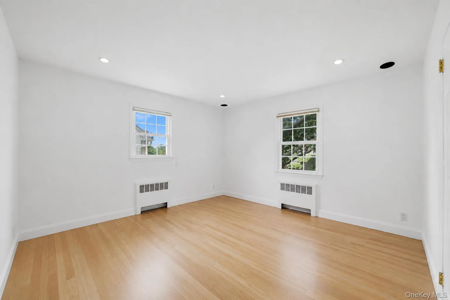 Spacious 2nd bedroom with light wood-finish flooring, white walls, and two windows providing natural illumination Spacious 2nd bedroom with light wood-finish flooring, white walls, and two windows providing natural illumination