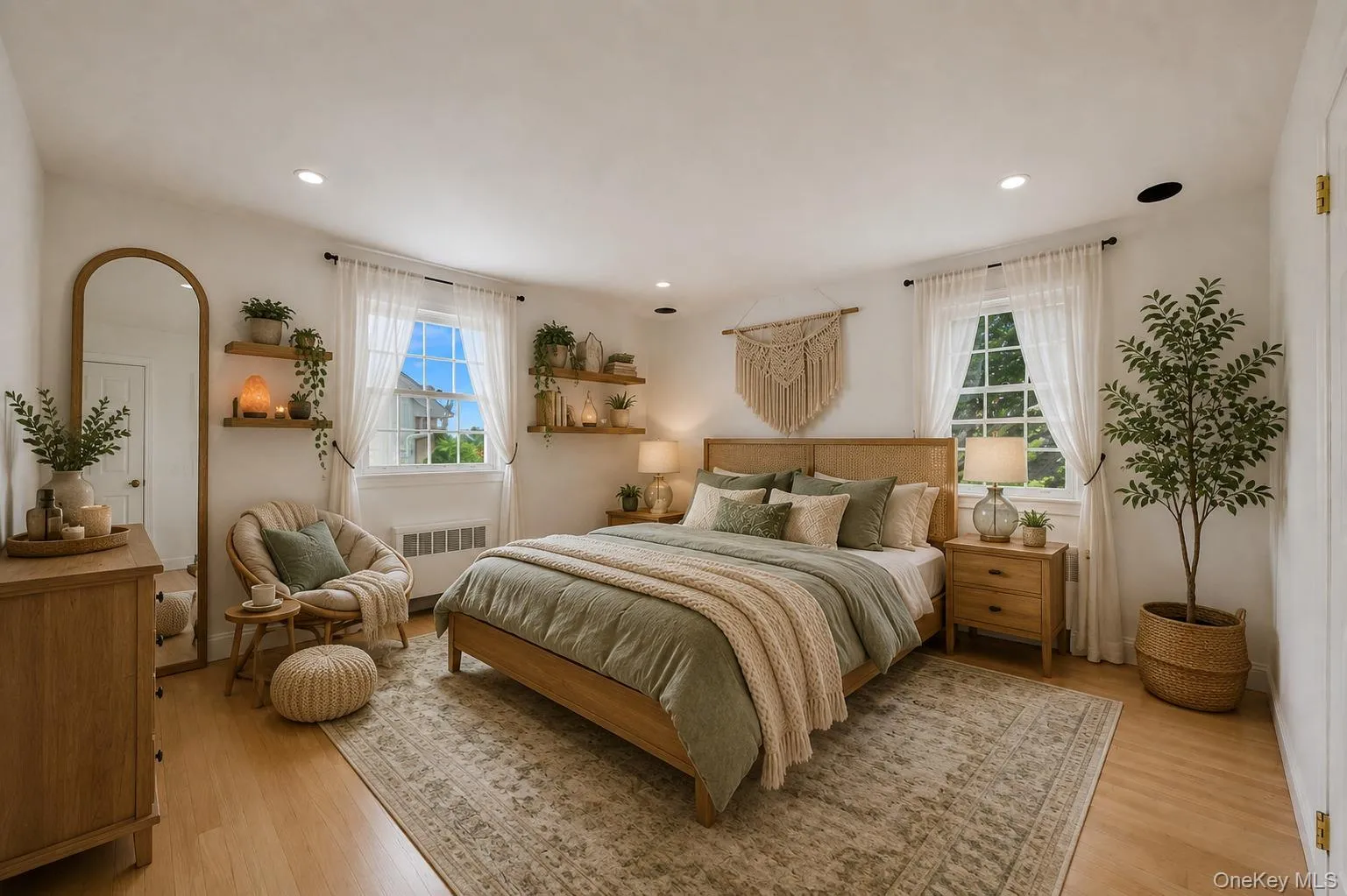2nd bedroom featuring light wood-finish flooring, two window openings with white trim, recessed ceiling lighting, and white wall finishes 2nd bedroom featuring light wood-finish flooring, two window openings with white trim, recessed ceiling lighting, and white wall finishes