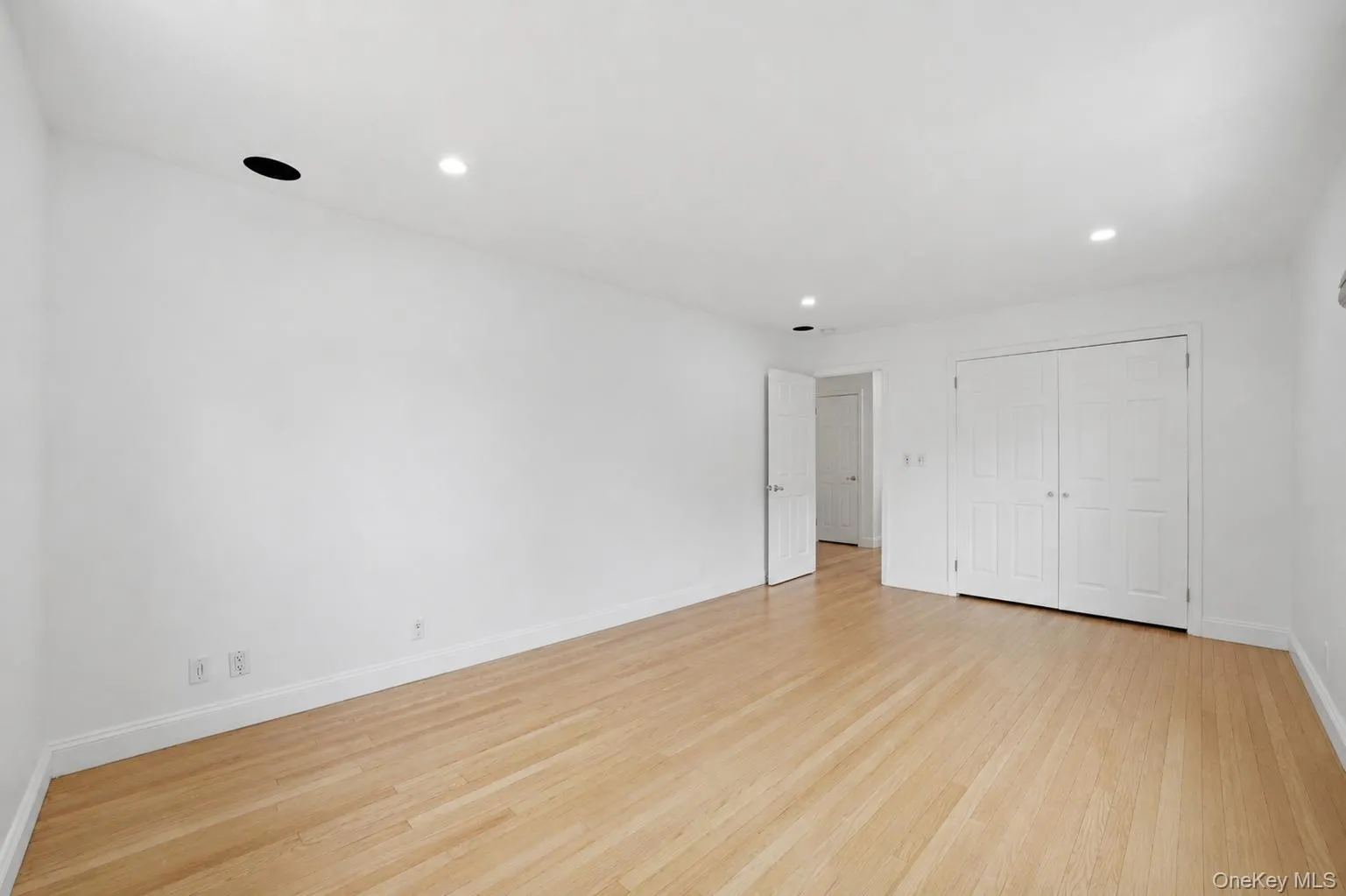 Expansive room featuring light wood-finish flooring, recessed lighting, white walls, a double-door closet, and white baseboards Expansive room featuring light wood-finish flooring, recessed lighting, white walls, a double-door closet, and white baseboards