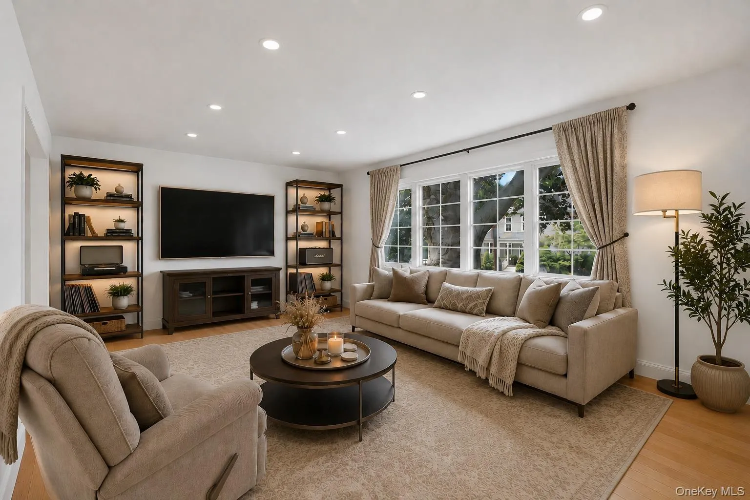 Spacious living room featuring recessed lighting, light wood-finish flooring, and a large multi-pane window with exterior views Spacious living room featuring recessed lighting, light wood-finish flooring, and a large multi-pane window with exterior views