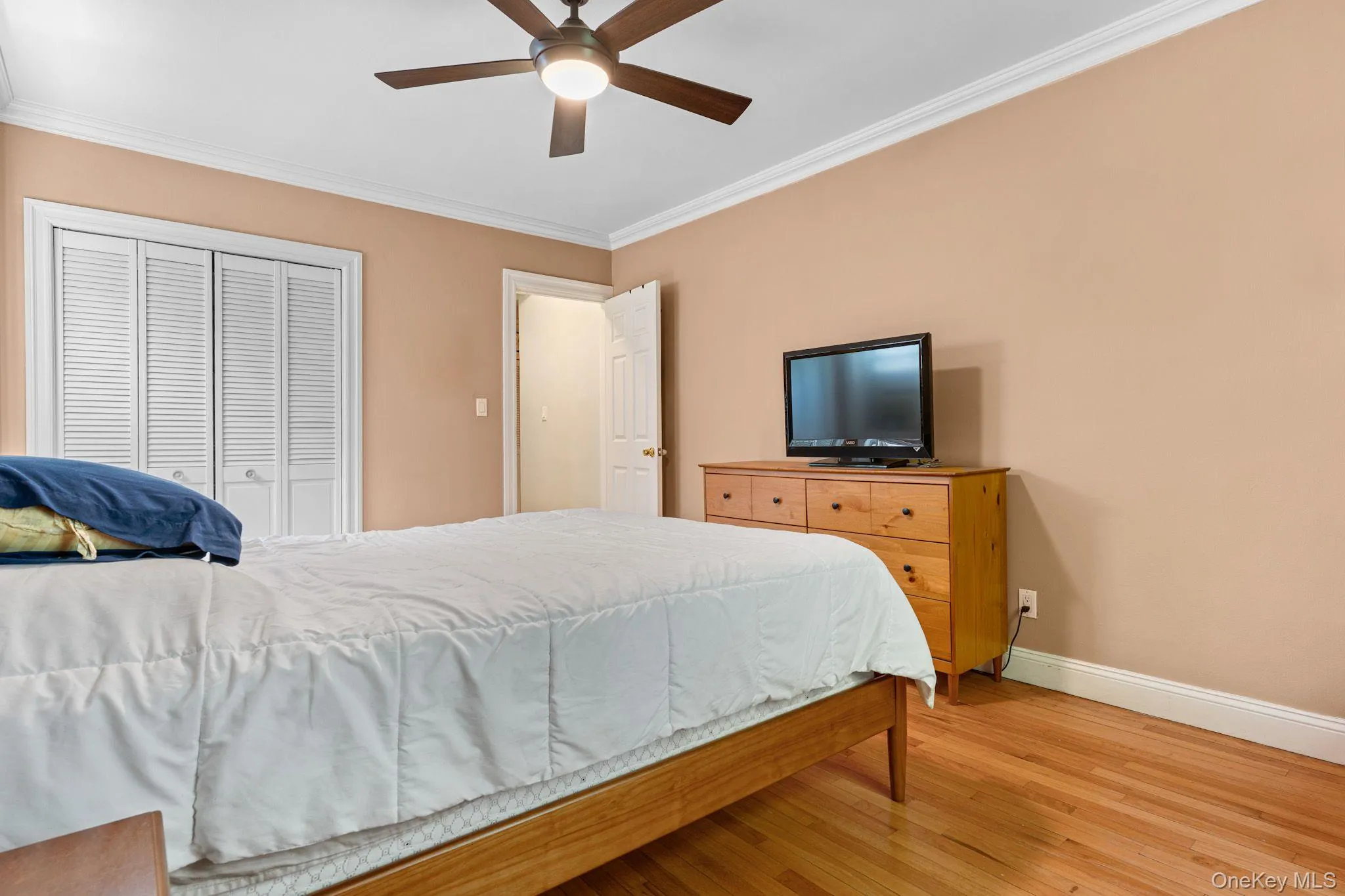 Bedroom featuring wood-finish flooring, crown molding, and two windows with natural light Bedroom featuring wood-finish flooring, crown molding, and two windows with natural light