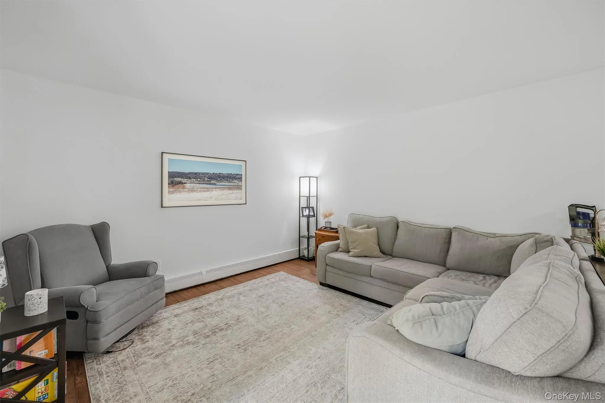 Spacious living room showcasing neutral upholstered seating, wood-finish flooring, and abundant natural light from recessed ceiling fixtures Spacious living room showcasing neutral upholstered seating, wood-finish flooring, and abundant natural light from recessed ceiling fixtures