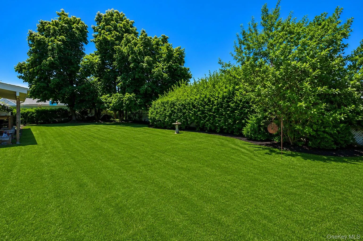 Expansive lawn area featuring a bright green, level surface and mature perimeter trees Expansive lawn area featuring a bright green, level surface and mature perimeter trees