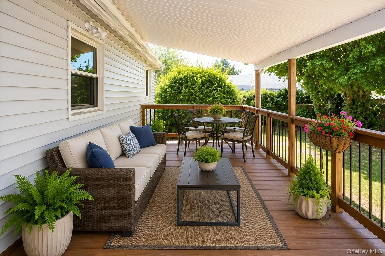Covered deck featuring wood-finish flooring, wood railings with black balusters, and a white paneled ceiling Covered deck featuring wood-finish flooring, wood railings with black balusters, and a white paneled ceiling