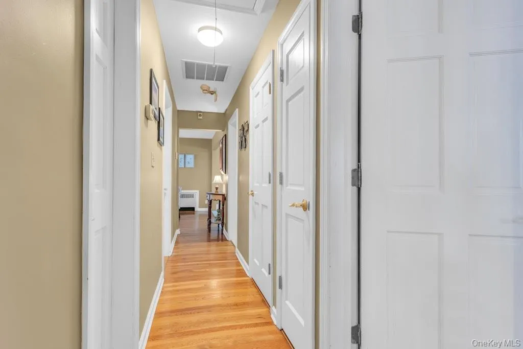 Hallway featuring wood-finish flooring, light tan wall color, white trim, and white paneled doors Hallway featuring wood-finish flooring, light tan wall color, white trim, and white paneled doors
