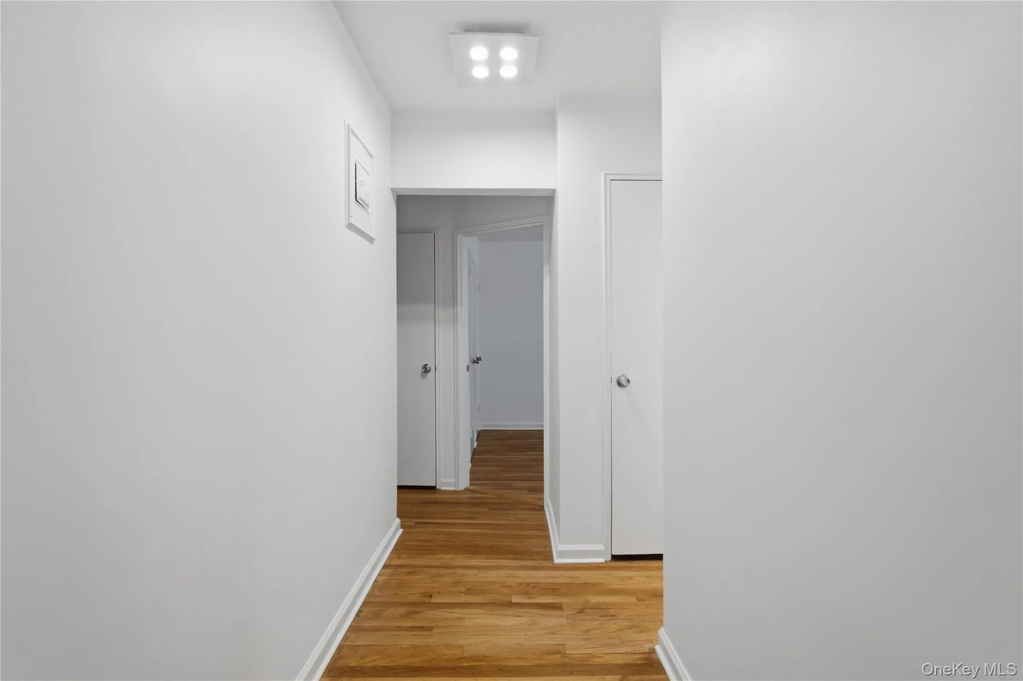 Hallway featuring wood-finish flooring, white walls, and a contemporary flush-mount ceiling light fixture Hallway featuring wood-finish flooring, white walls, and a contemporary flush-mount ceiling light fixture