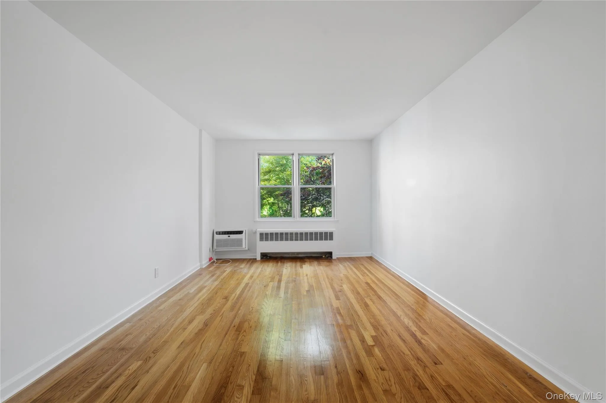 Room featuring wood-finish flooring, white baseboards, and a window with exterior tree foliage Room featuring wood-finish flooring, white baseboards, and a window with exterior tree foliage