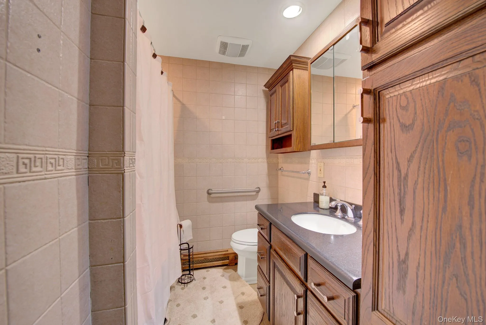 Bathroom featuring a wood-finish vanity with an integrated sink, a medicine cabinet, recessed lighting, and a grab bar Bathroom featuring a wood-finish vanity with an integrated sink, a medicine cabinet, recessed lighting, and a grab bar