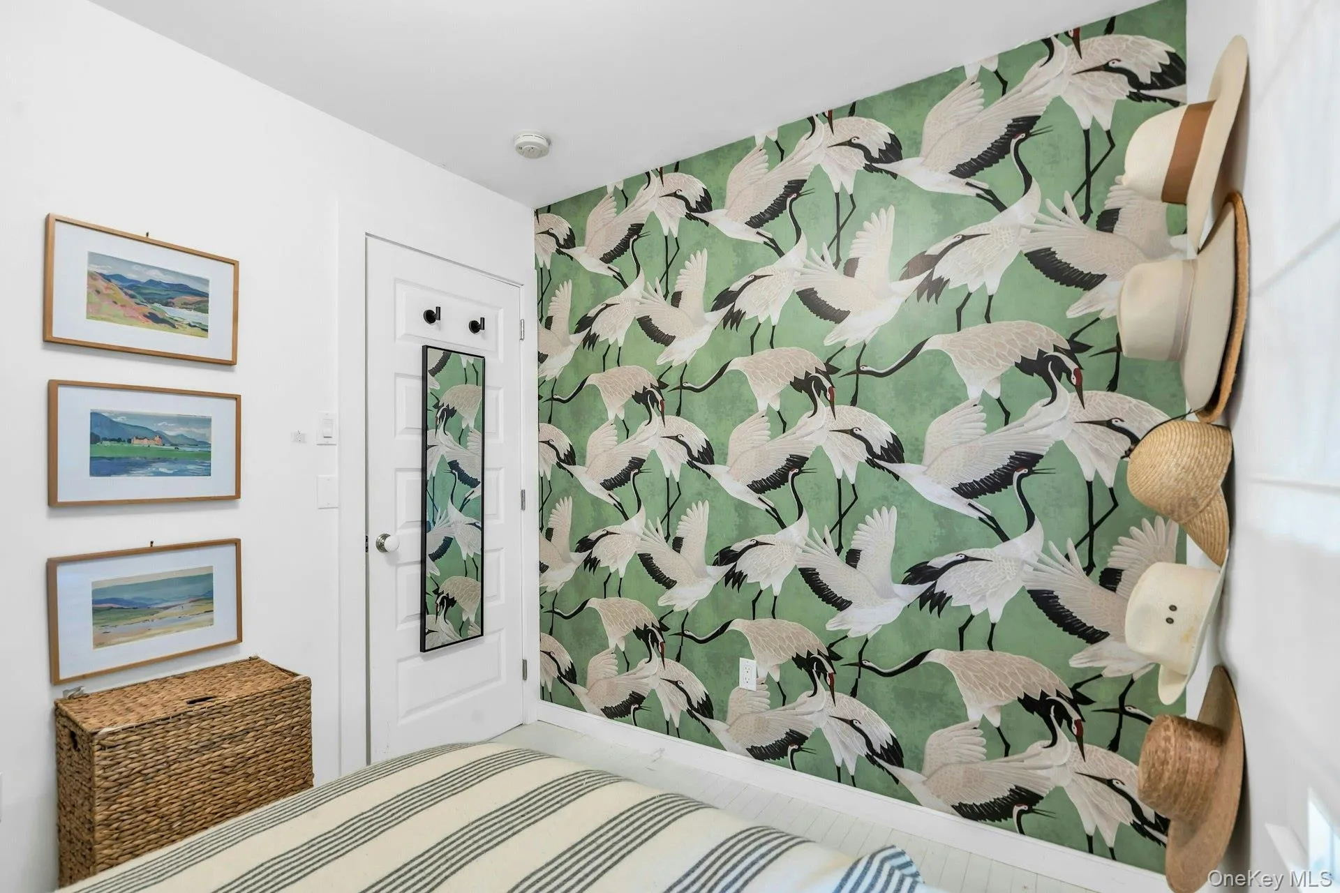 Designer guest room with two custom beds and decorative wall paper Designer guest room with two custom beds and decorative wall paper