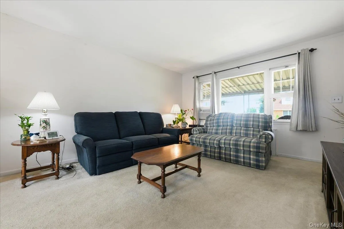 Spacious room featuring light-colored carpeting, white wall finishes, and a large window with multiple panes Spacious room featuring light-colored carpeting, white wall finishes, and a large window with multiple panes