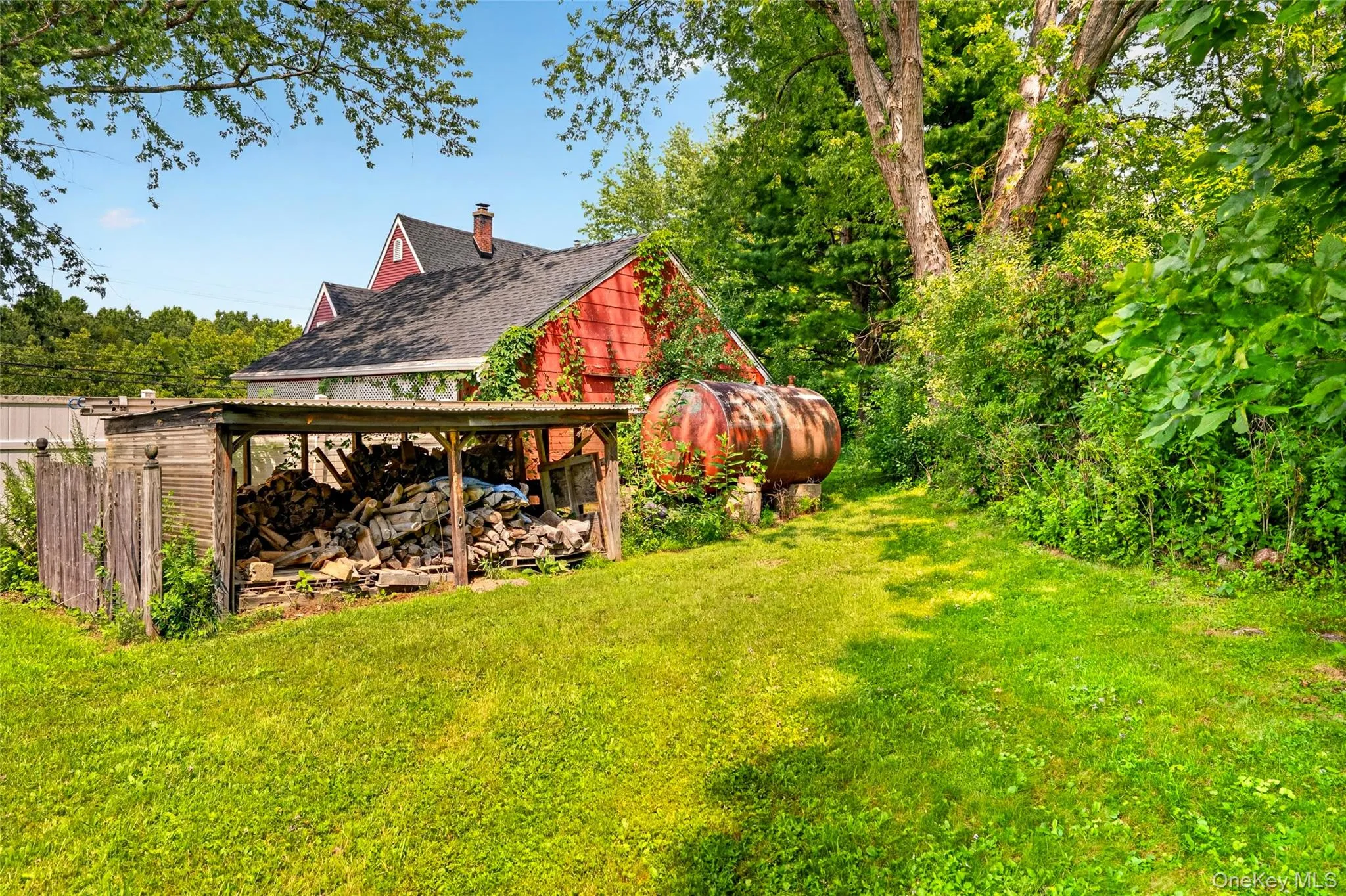 Expansive backyard featuring a wood-sided shed with a corrugated roof and established perimeter trees Expansive backyard featuring a wood-sided shed with a corrugated roof and established perimeter trees