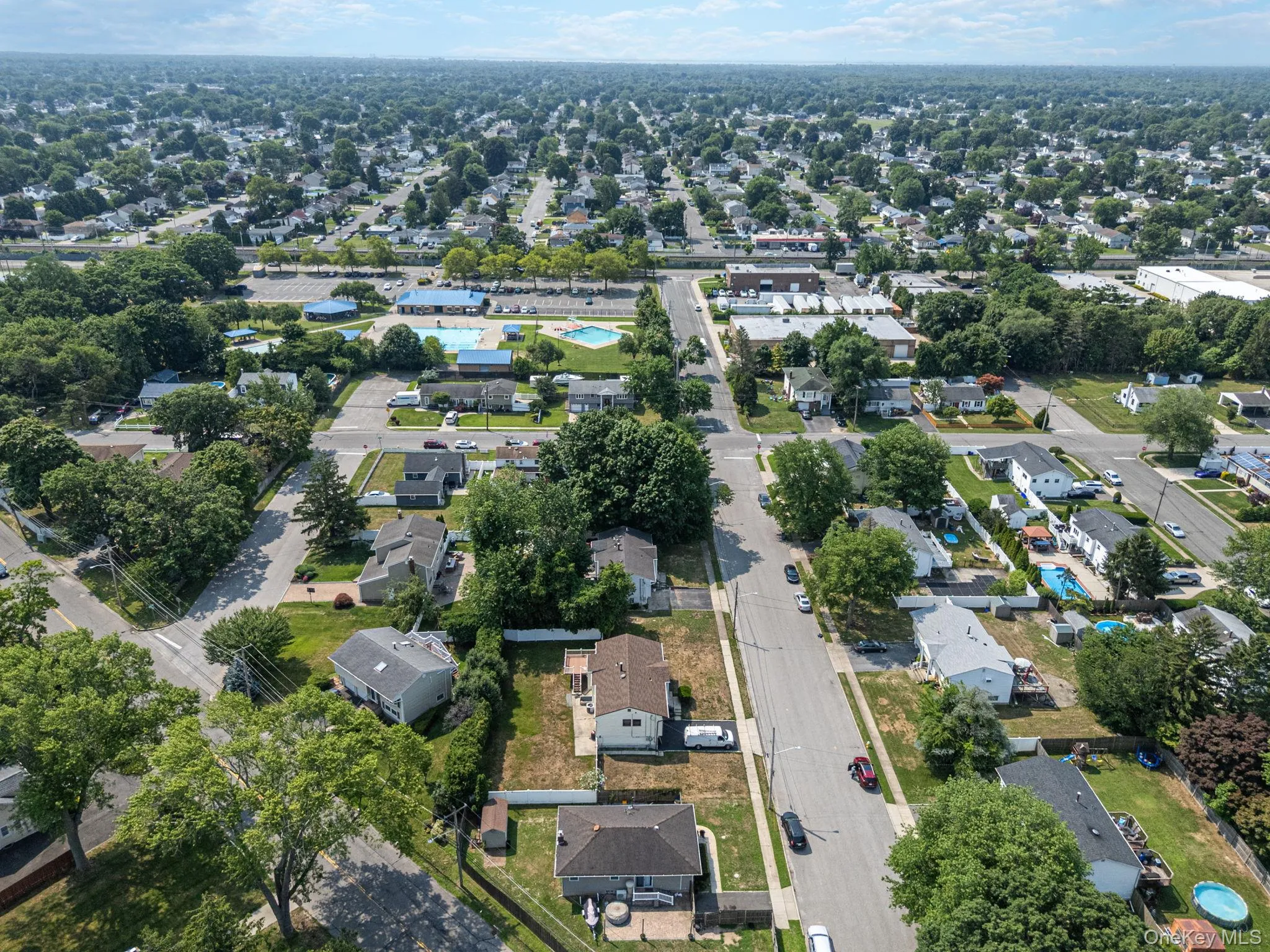 Aerial perspective showcasing a residential area with mature tree coverage Aerial perspective showcasing a residential area with mature tree coverage