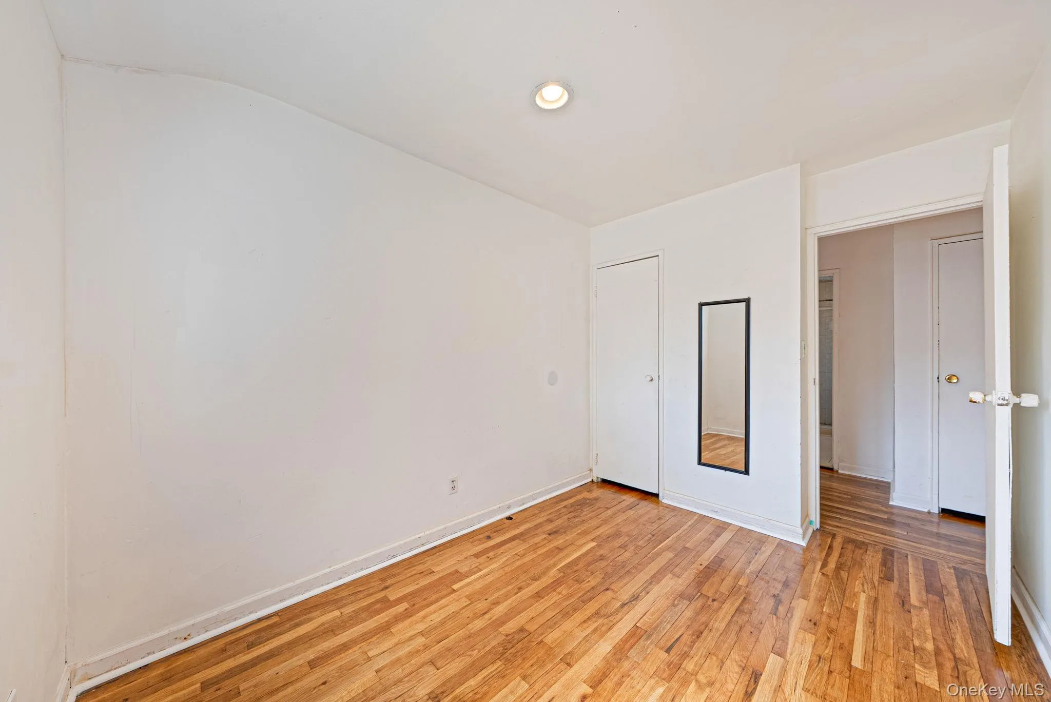 Room featuring wood-finish flooring, recessed lighting, and a closet with a white door Room featuring wood-finish flooring, recessed lighting, and a closet with a white door
