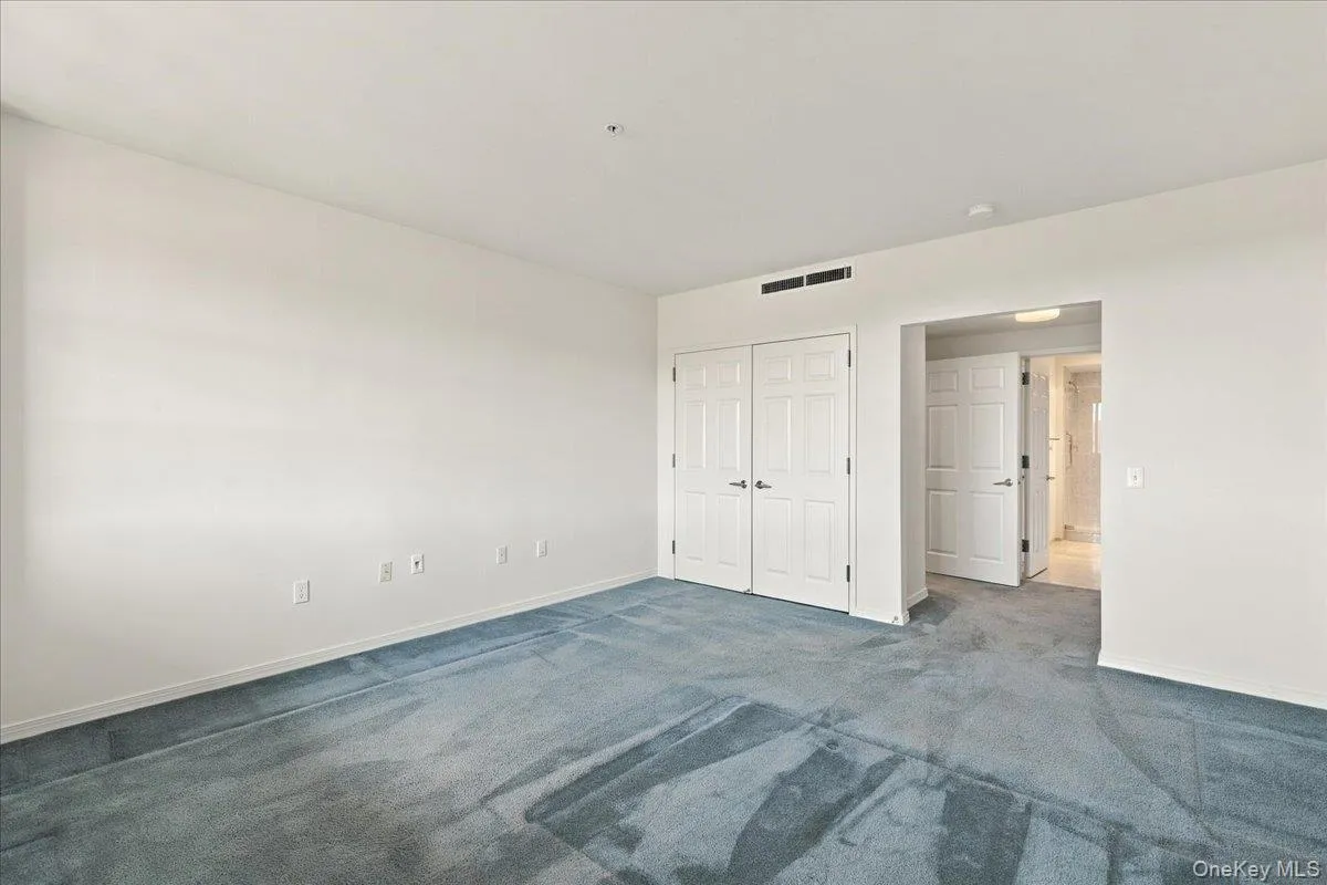 White walls, light blue carpeting, and dual panel doors with dark hardware White walls, light blue carpeting, and dual panel doors with dark hardware
