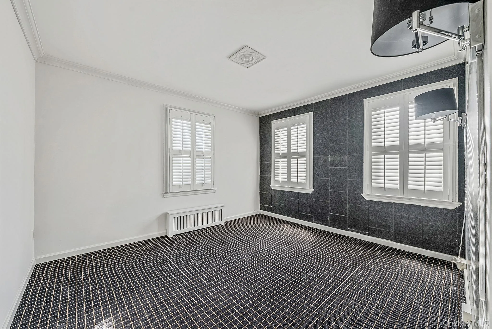 Unfurnished room featuring ornamental molding, radiator, healthy amount of natural light, and dark colored carpet Unfurnished room featuring ornamental molding, radiator, healthy amount of natural light, and dark colored carpet