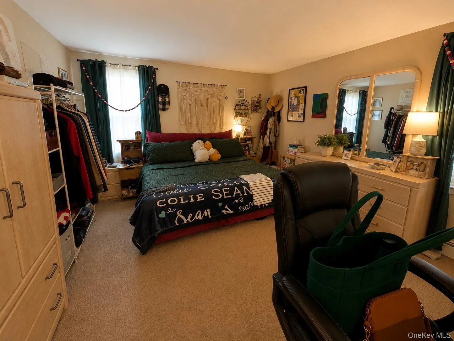 Carpeted room featuring a window with drapes, a built-in wall-mounted shelving unit, and a built-in closet system Carpeted room featuring a window with drapes, a built-in wall-mounted shelving unit, and a built-in closet system