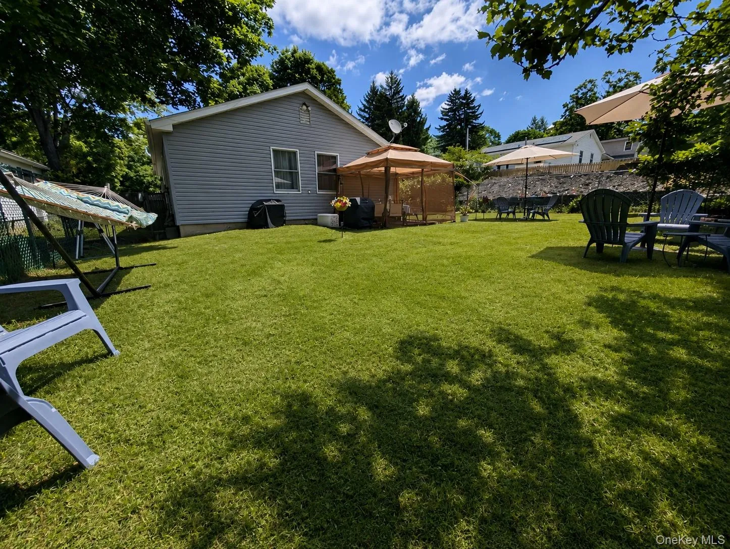 Expansive backyard featuring a lush green lawn, a dedicated patio area, and mature perimeter trees providing natural shade Expansive backyard featuring a lush green lawn, a dedicated patio area, and mature perimeter trees providing natural shade