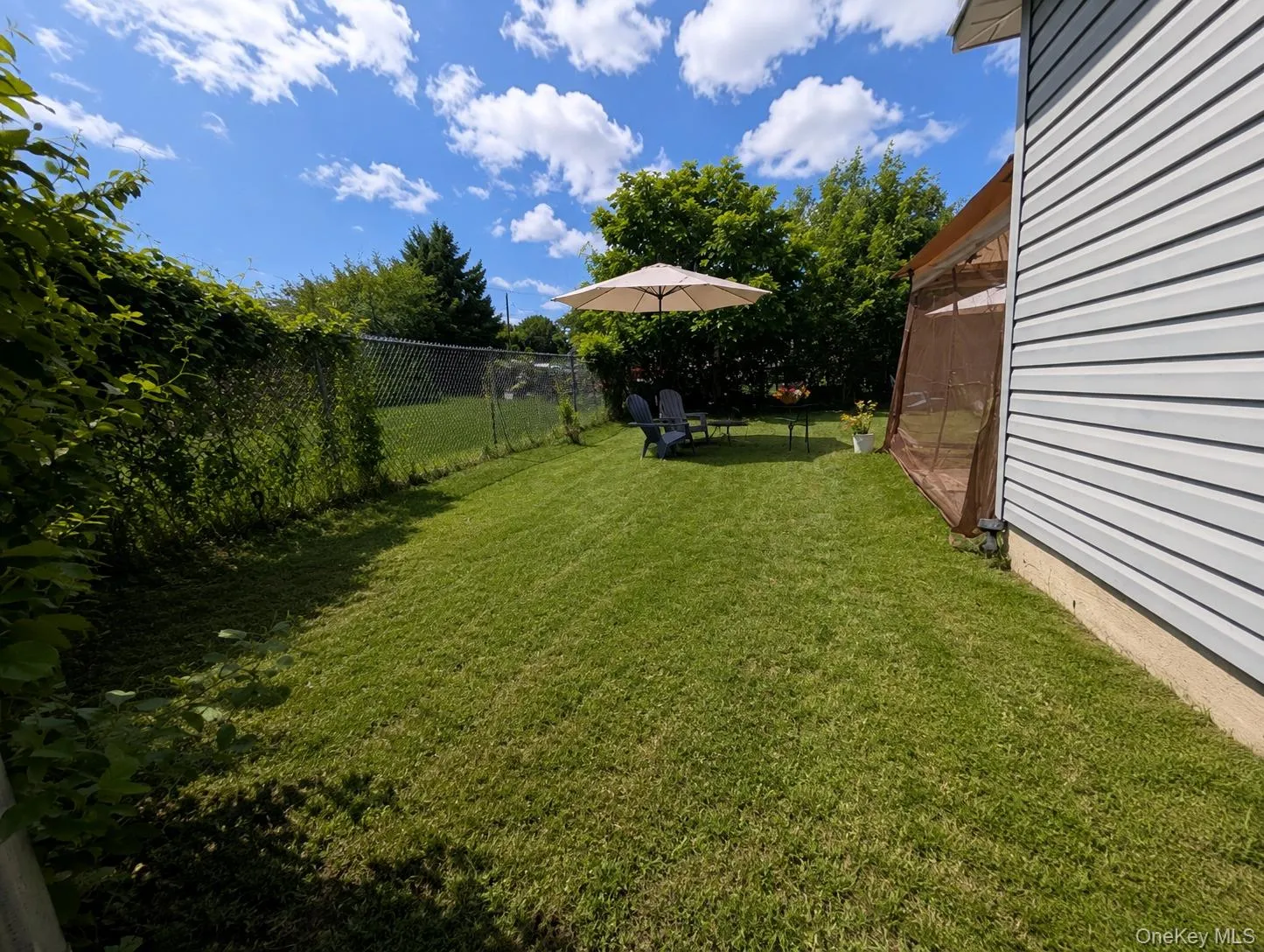 Expansive grass lawn bordered by established chain-link fencing, mature foliage, and the property's siding Expansive grass lawn bordered by established chain-link fencing, mature foliage, and the property's siding