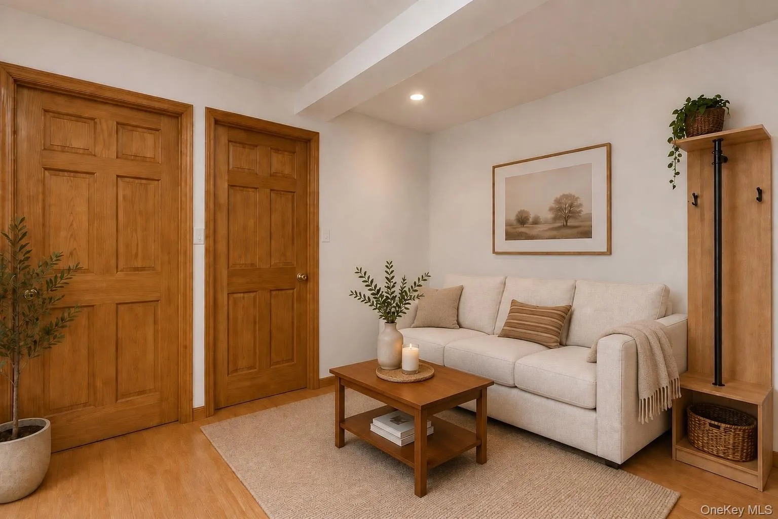Two natural wood paneled doors, LED ceiling lights, and a neutral wall color. Two natural wood paneled doors, LED ceiling lights, and a neutral wall color.