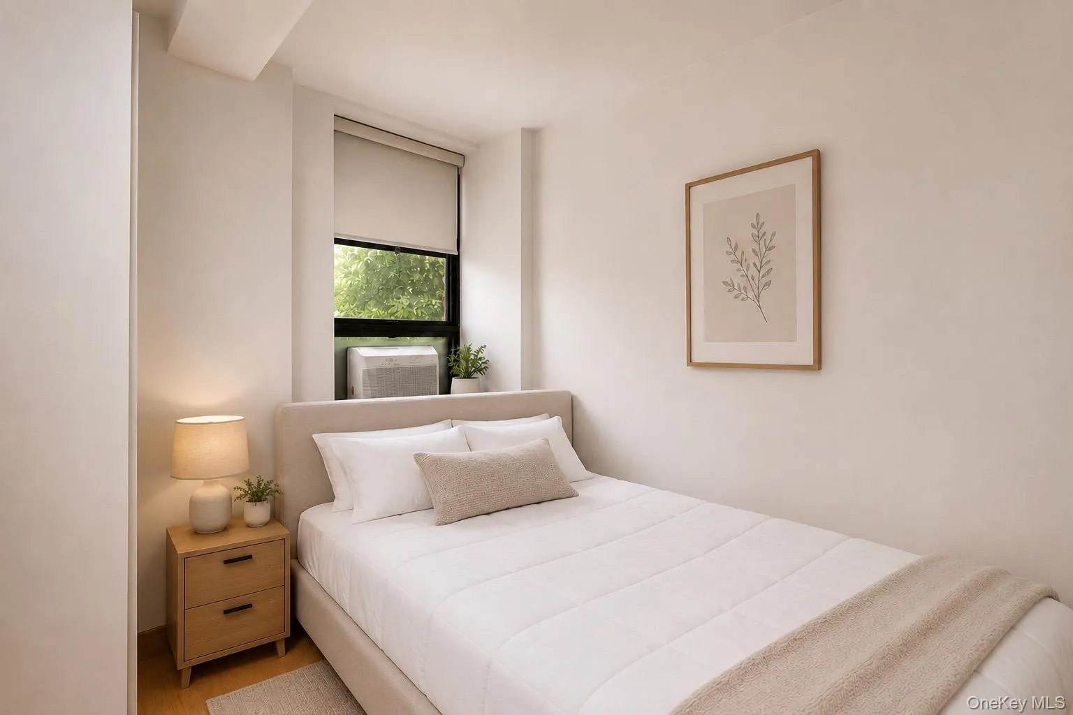 Window with roller shade, wood window sill, and built-in wall closet. Window with roller shade, wood window sill, and built-in wall closet.