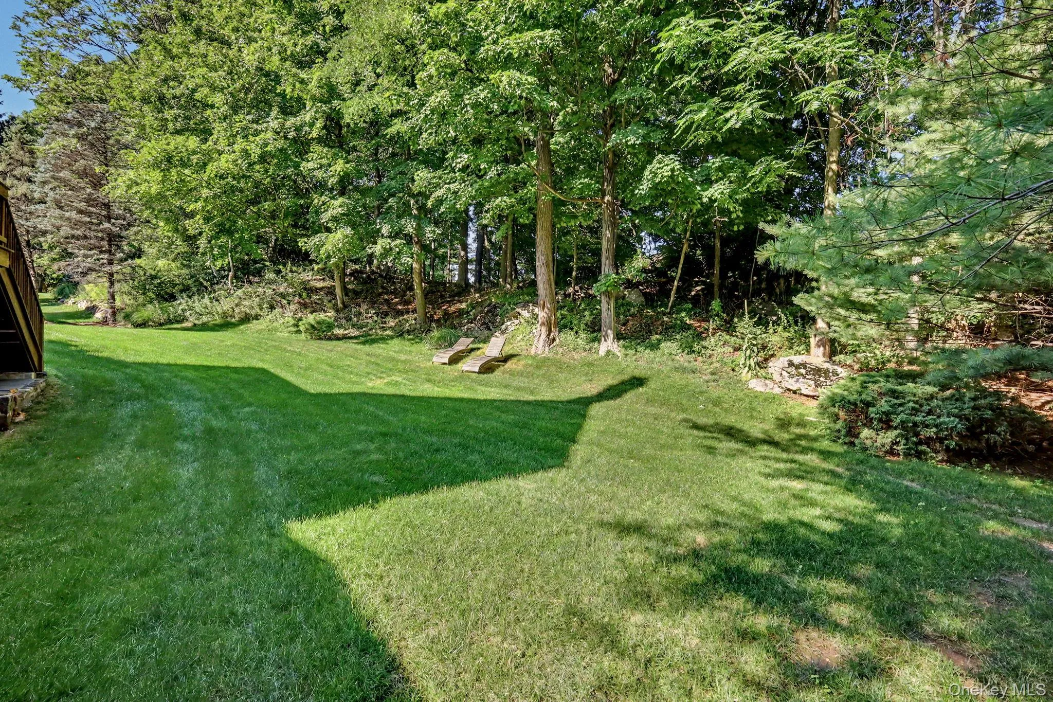 Spacious lawn with lush green grass, bordered by mature deciduous and evergreen trees, with a stone retaining wall Spacious lawn with lush green grass, bordered by mature deciduous and evergreen trees, with a stone retaining wall
